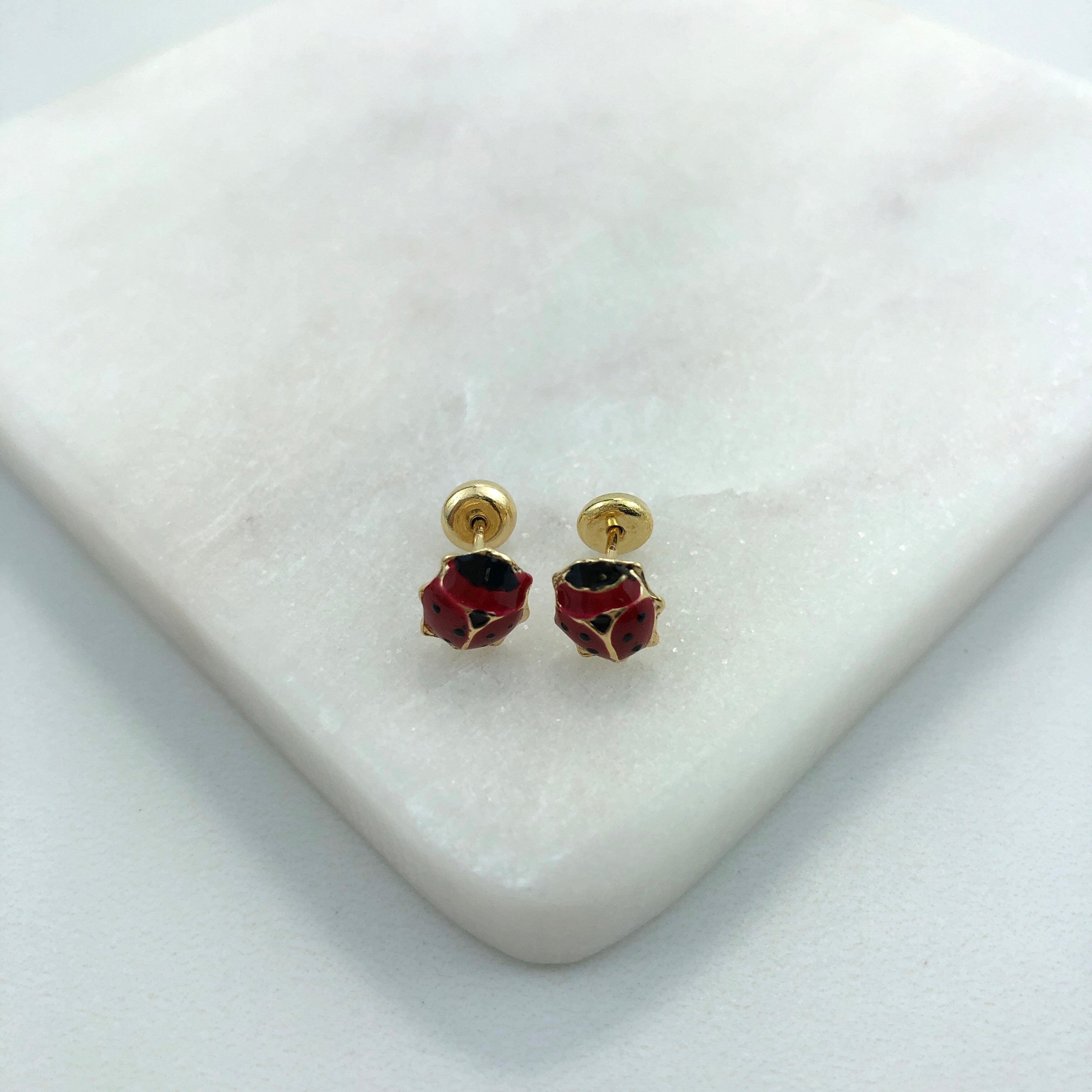 18K Gold Layered Oro Laminado Red & Black Enamel Ladybug Design Plug Kids Earrings Wholesale 21.0160/3