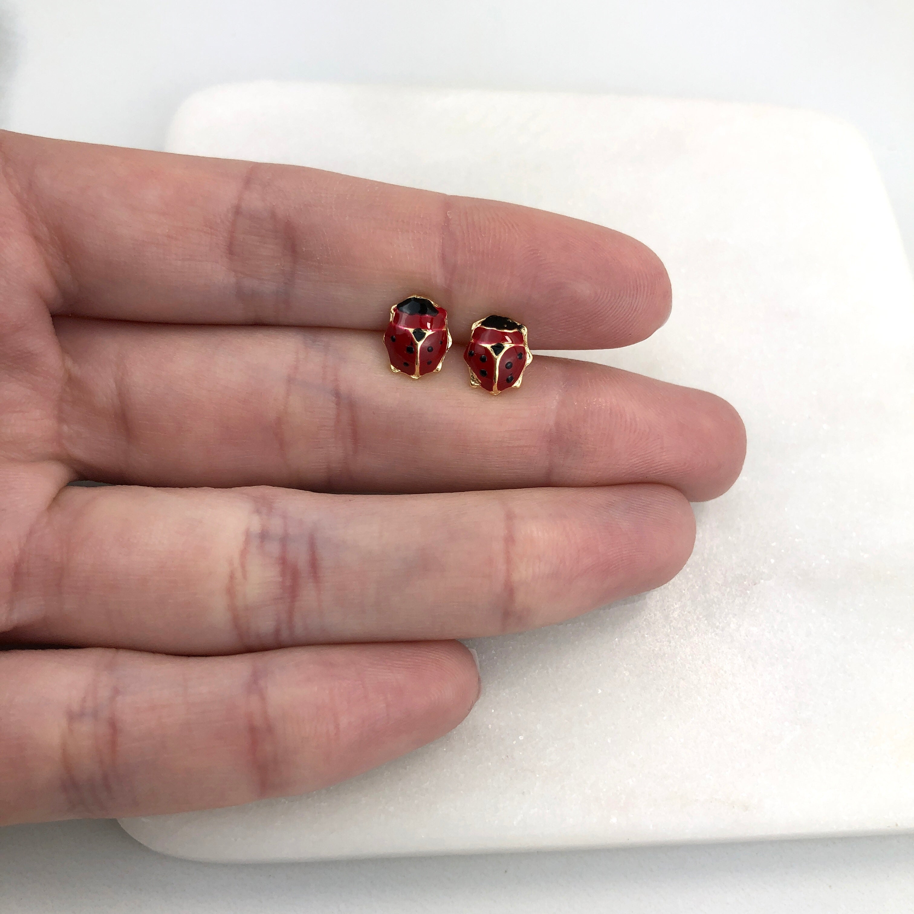 18K Gold Layered Oro Laminado Red & Black Enamel Ladybug Design Plug Kids Earrings Wholesale 21.0160/3