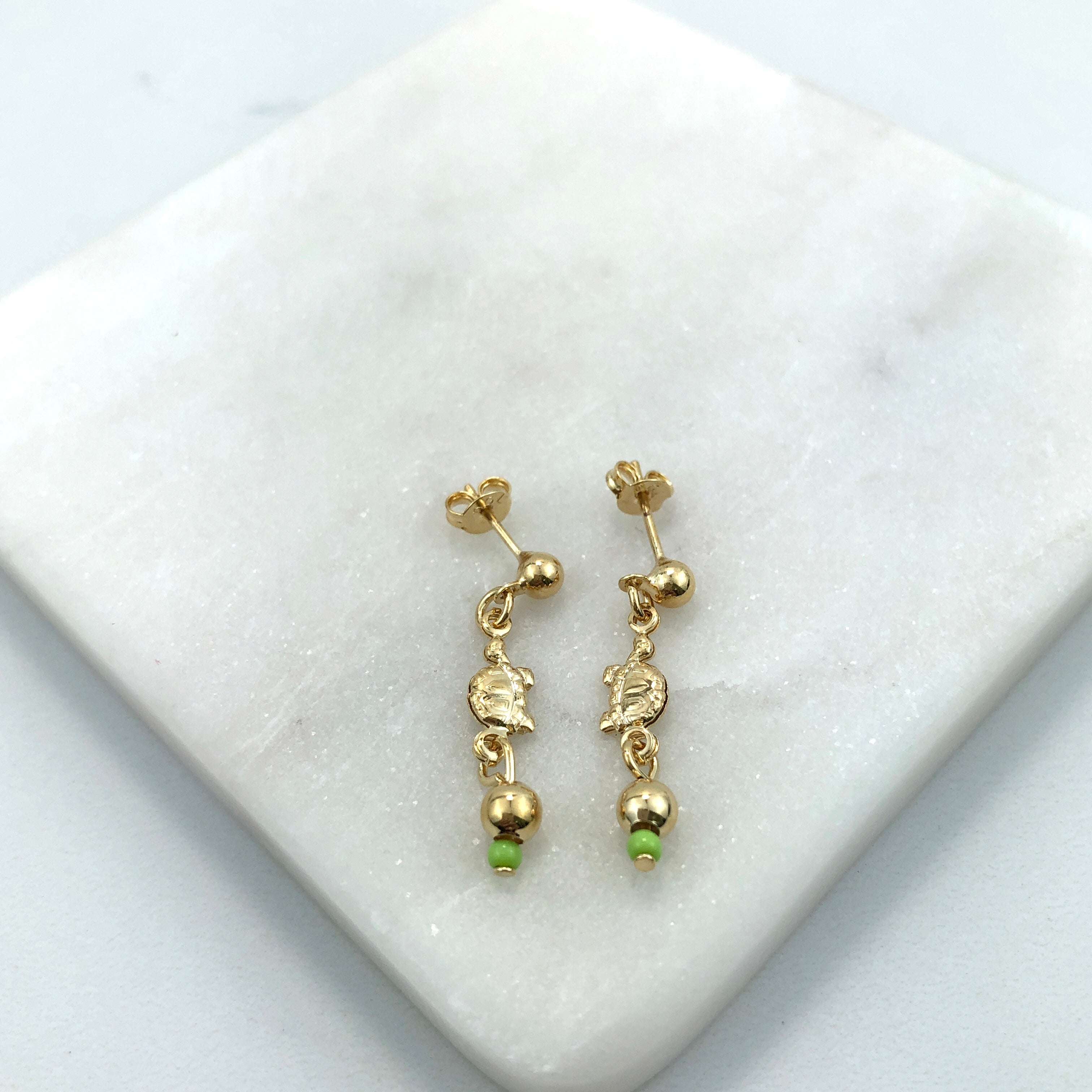 18K Gold Layered Oro Laminado Turtle Design Green Rhinestone Drop Earplugs Kids Earrings Wholesale 21.0440/8