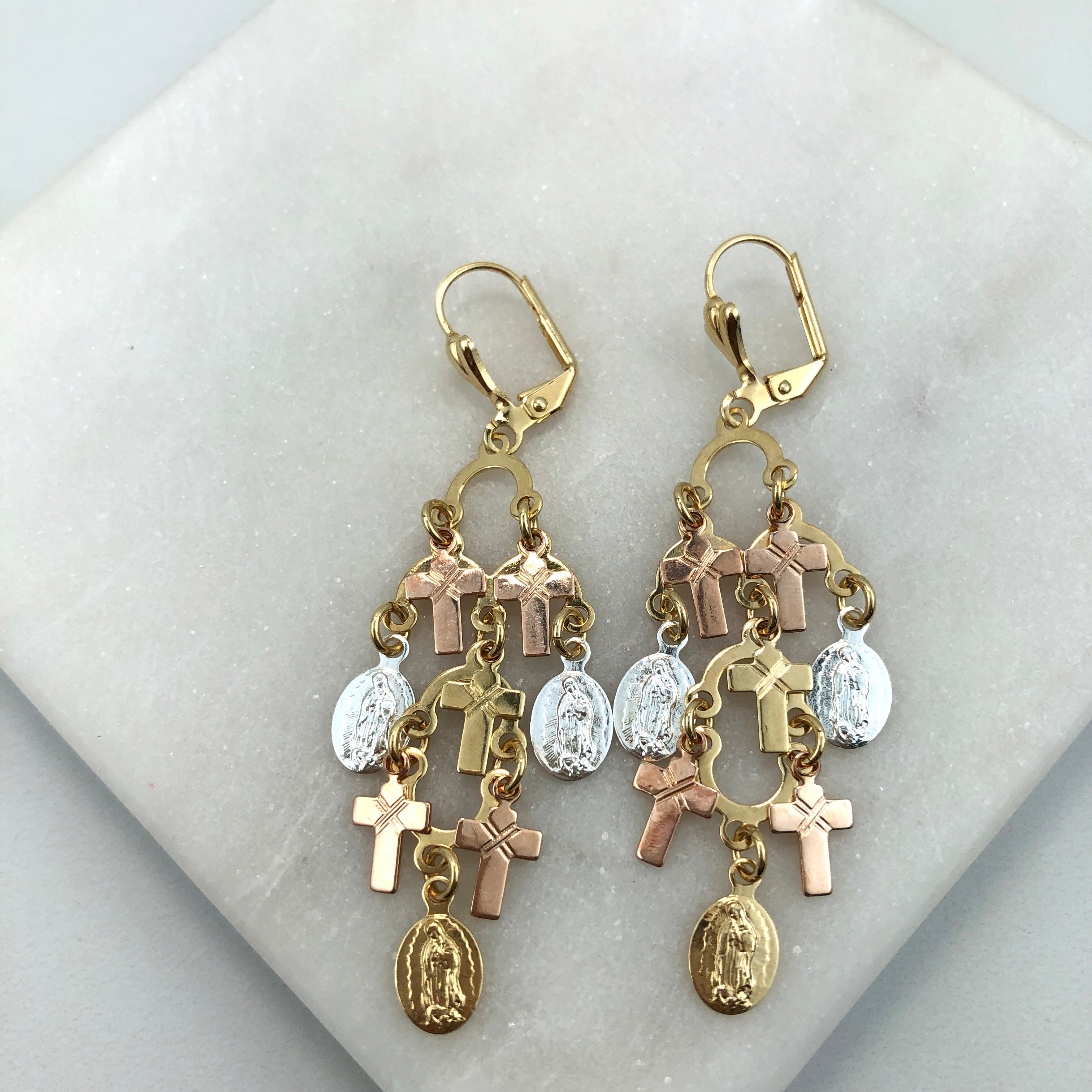 18K Gold Layered Oro Laminado Crosses and Ladies of Guadalupe Chandelier Leverback Earrings Wholesale 21.0441