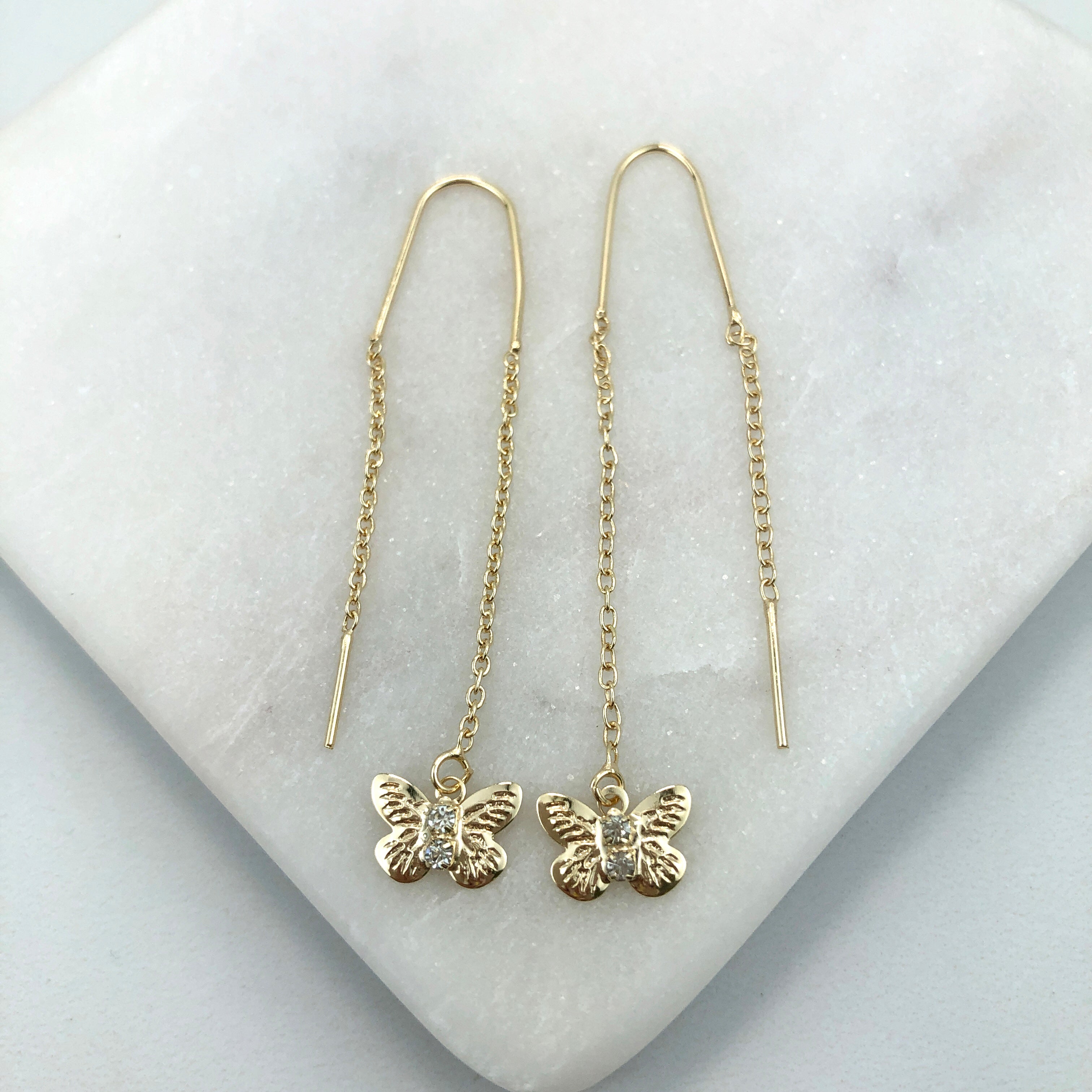 18K Gold Layered Oro Laminado Clear CZ Center In Butterfly Design Long Threader Earrings Wholesale 21.0447/1