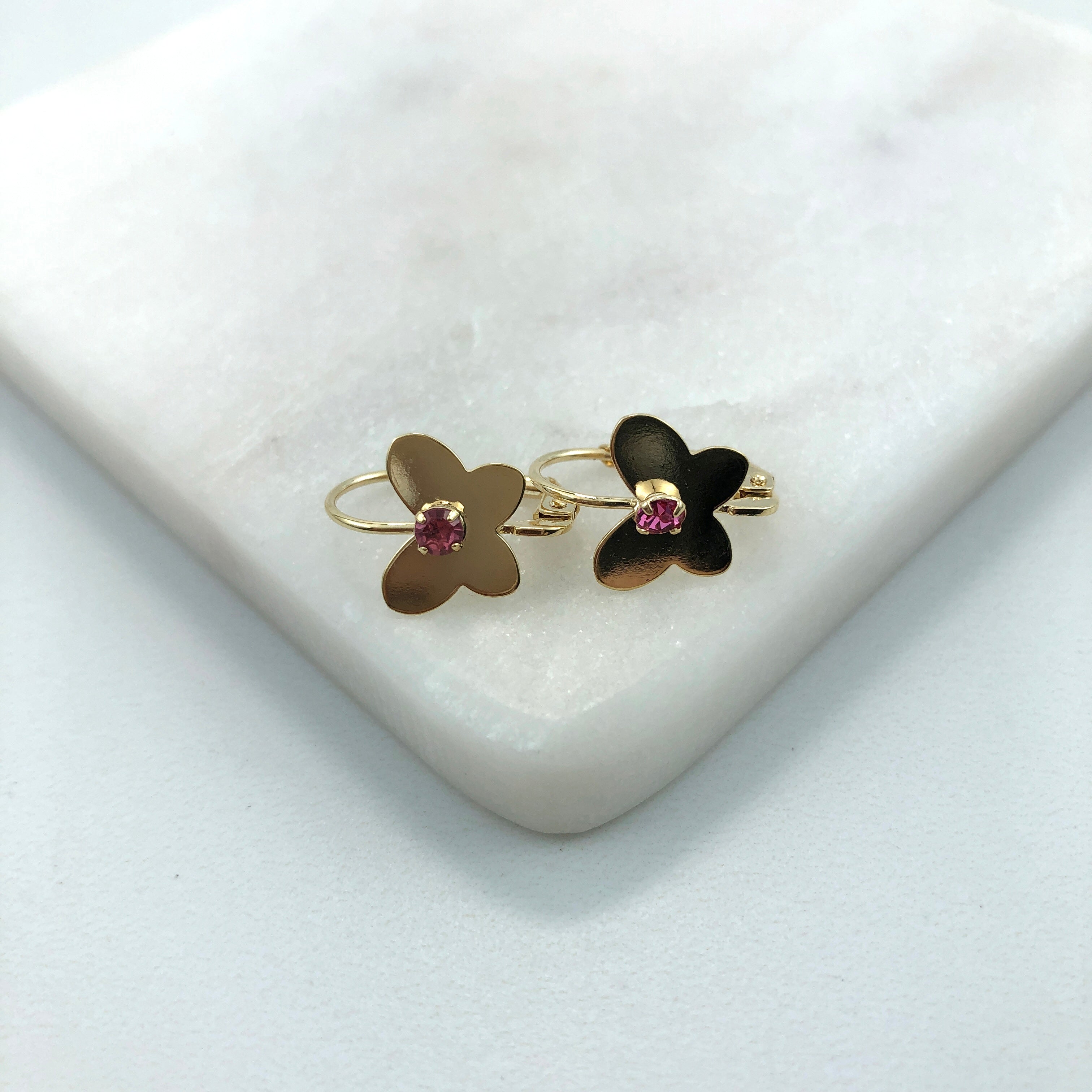 18K Gold Layered Oro Laminado Pink CZ Center In Butterfly Design Leverback Kids Earrings Wholesale 21.0456/7