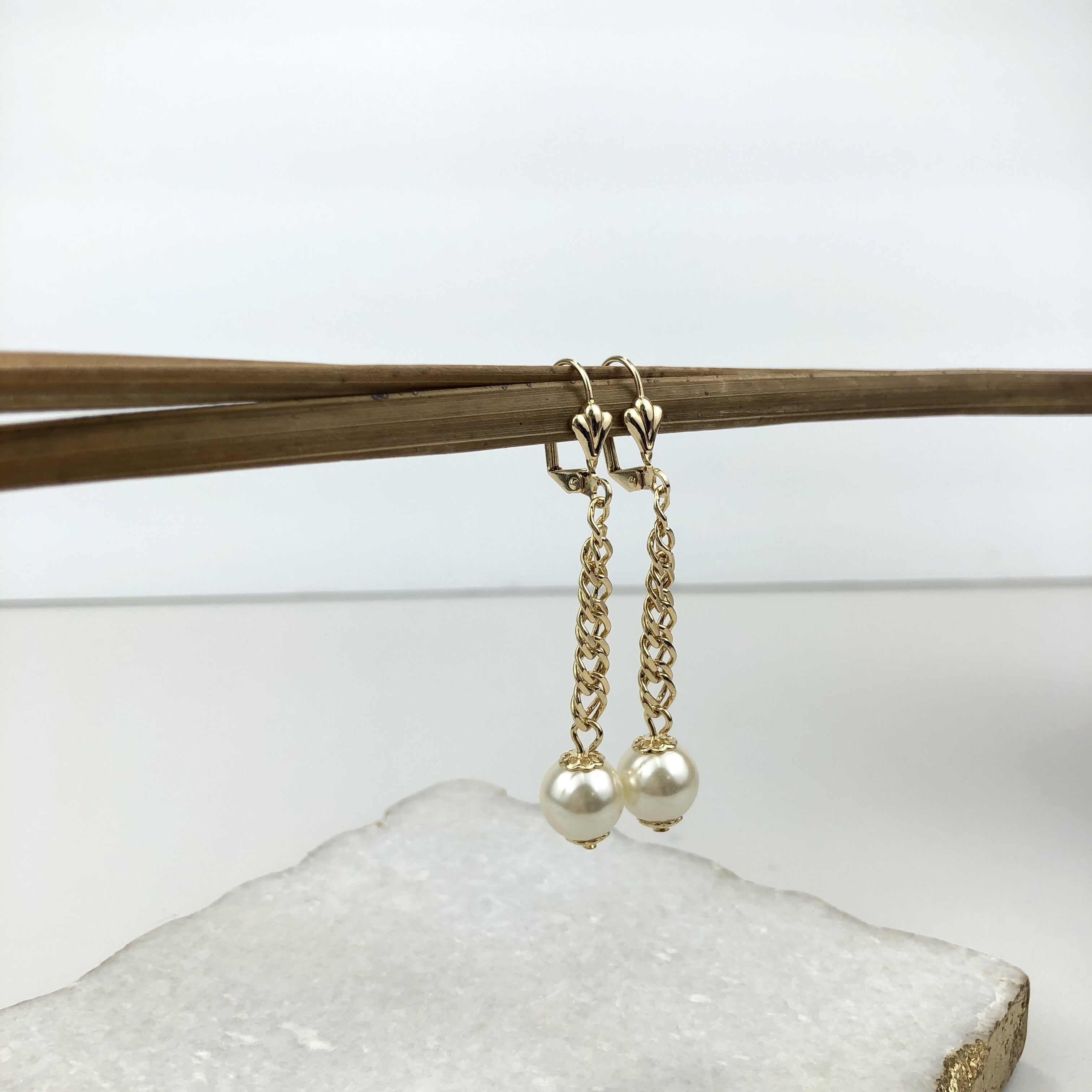 18K Gold Layered Oro Laminado Double Curb Link Dangle Earrings 10 mm Pearl 21.0001/92