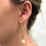 18K Gold Layered Oro Laminado Double Curb Link Dangle Earrings 10 mm Pearl 21.0001/92