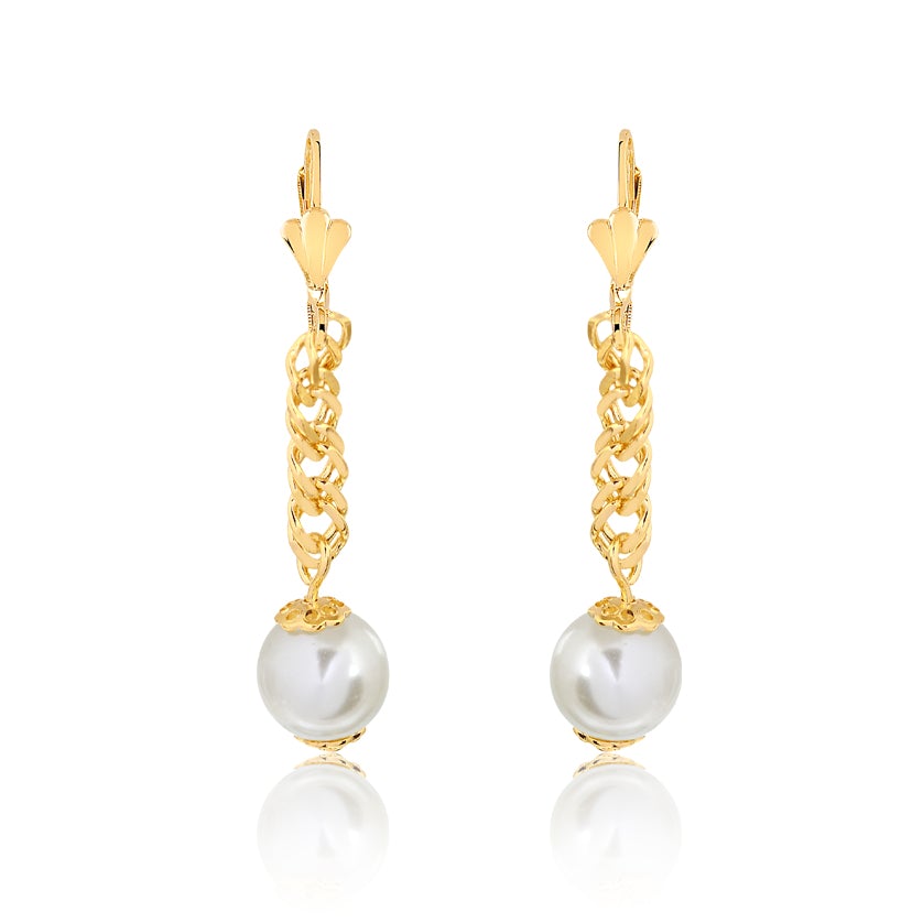 18K Gold Layered Oro Laminado Double Curb Link Dangle Earrings 10 mm Pearl 21.0001/92