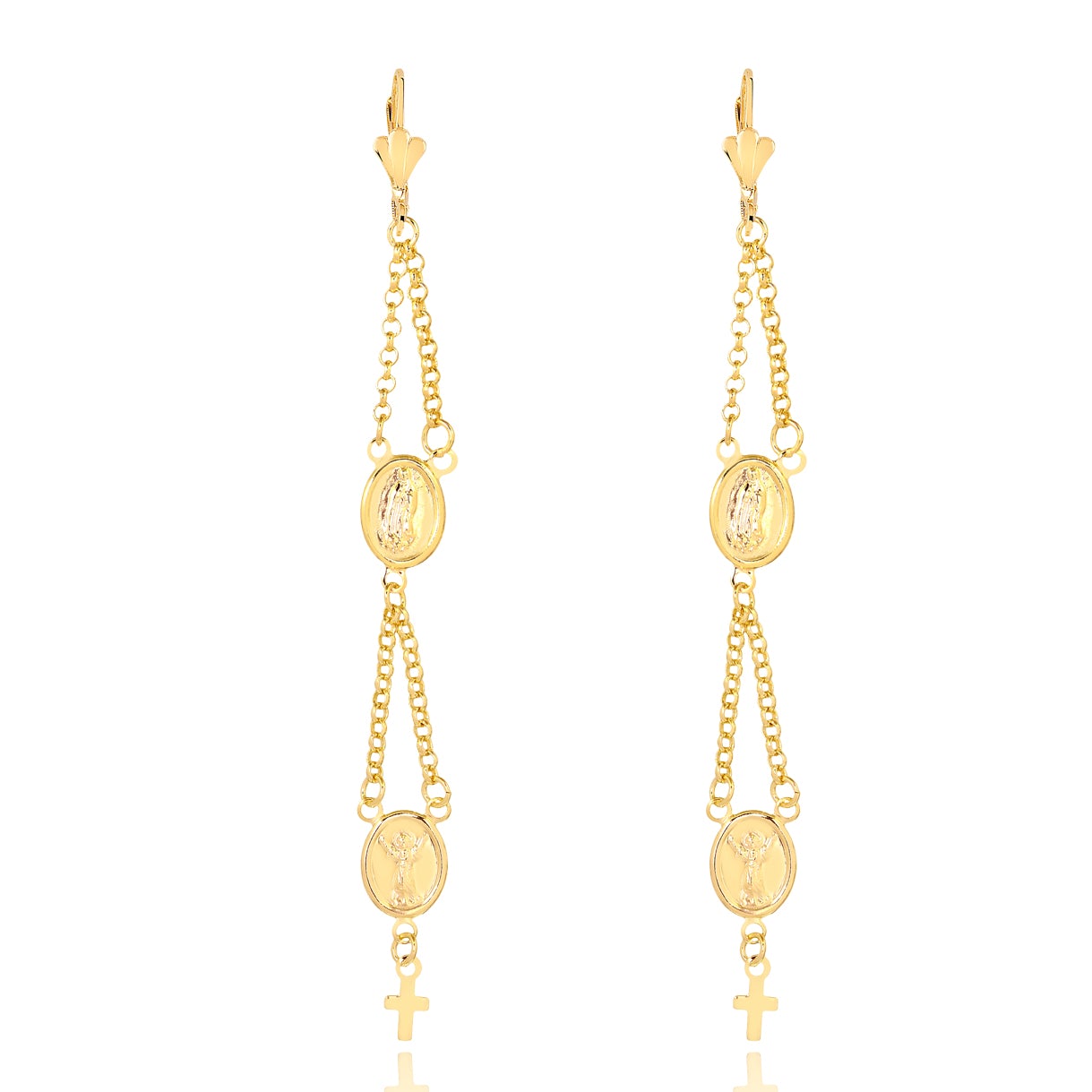 18K Gold Layered Oro Laminado Virgen de Guadalupe & Divino Nino Dangle Earrings 21.0006