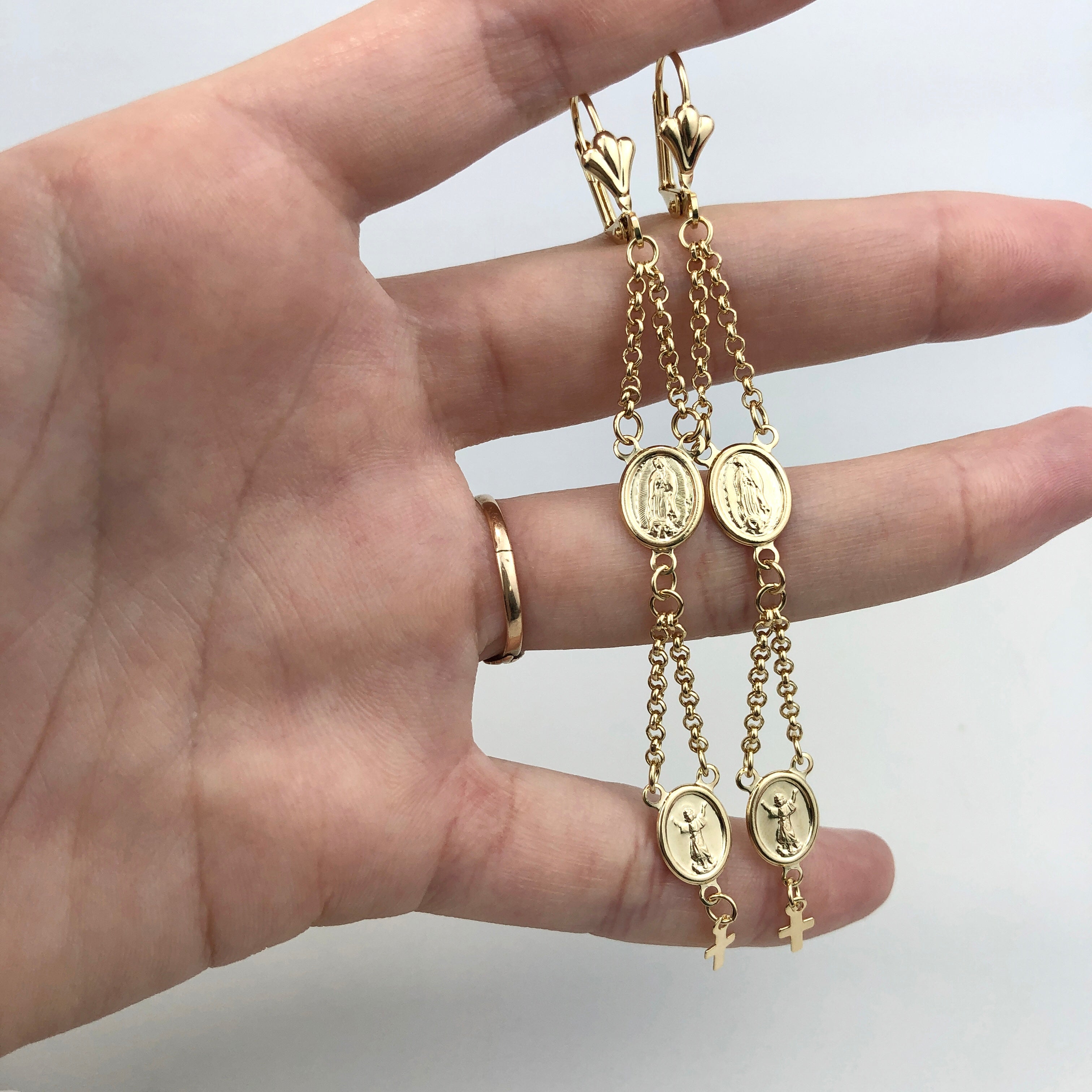 18K Gold Layered Oro Laminado Virgen de Guadalupe & Divino Nino Dangle Earrings 21.0006
