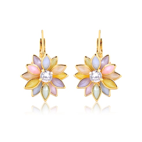 18K Gold Layered Oro Laminado Blue or Multi-Color Flower Design Leverback Earrings 21.0011/6/30 (More Colors)