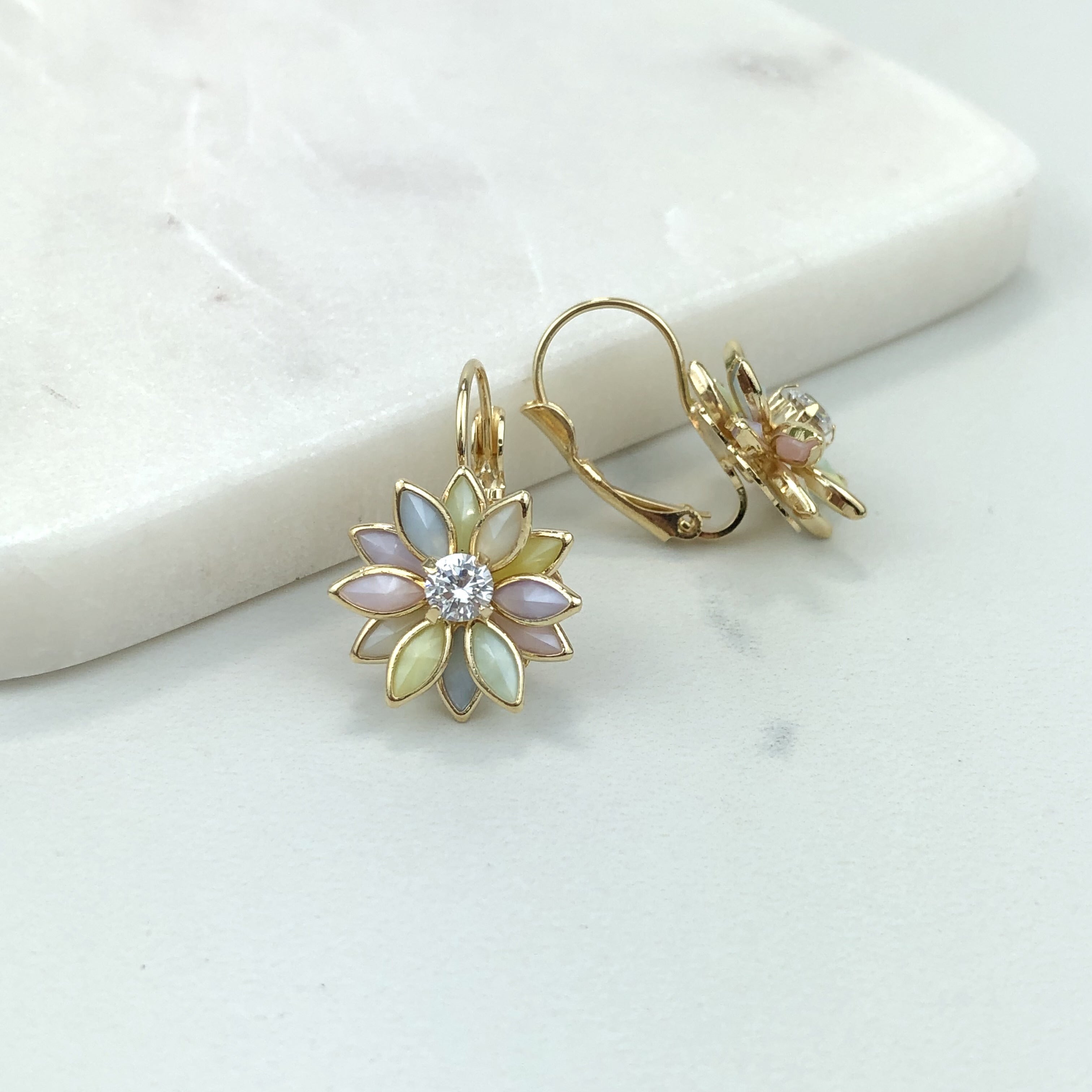 18K Gold Layered Oro Laminado Blue or Multi-Color Flower Design Leverback Earrings 21.0011/6/30 (More Colors)