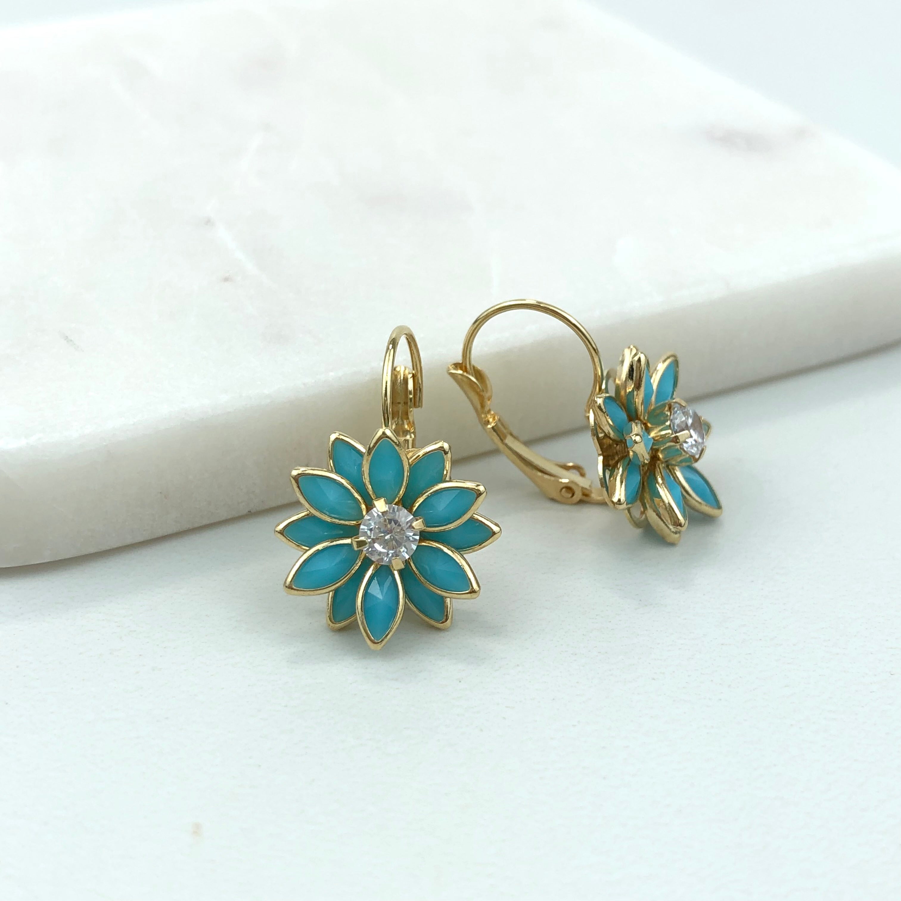 18K Gold Layered Oro Laminado Blue or Multi-Color Flower Design Leverback Earrings 21.0011/6/30 (More Colors)