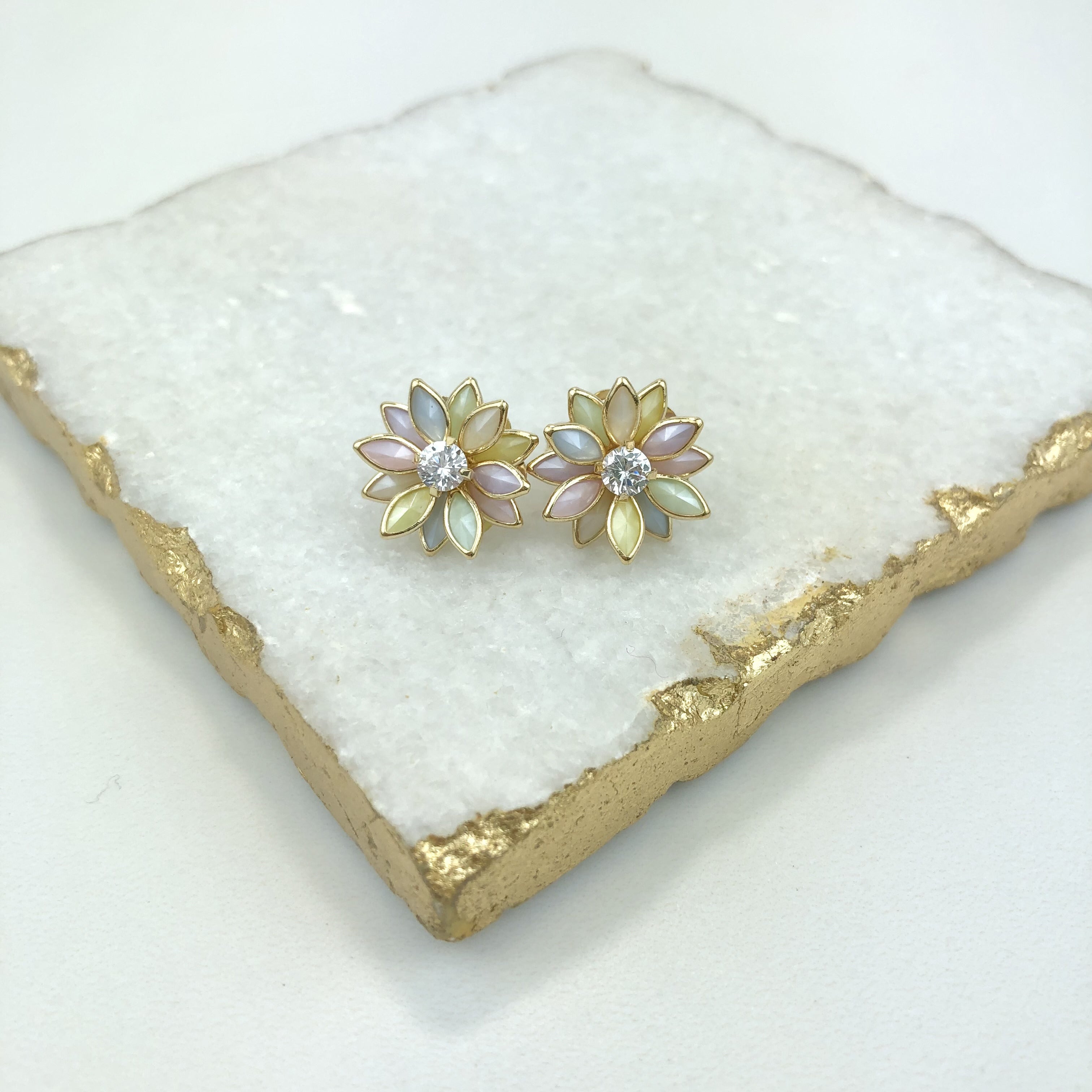 18K Gold Layered Oro Laminado Multi-Color Flower Design Push Back Earrings 21.0019/2/7/17/30/92/3 (More Colors)