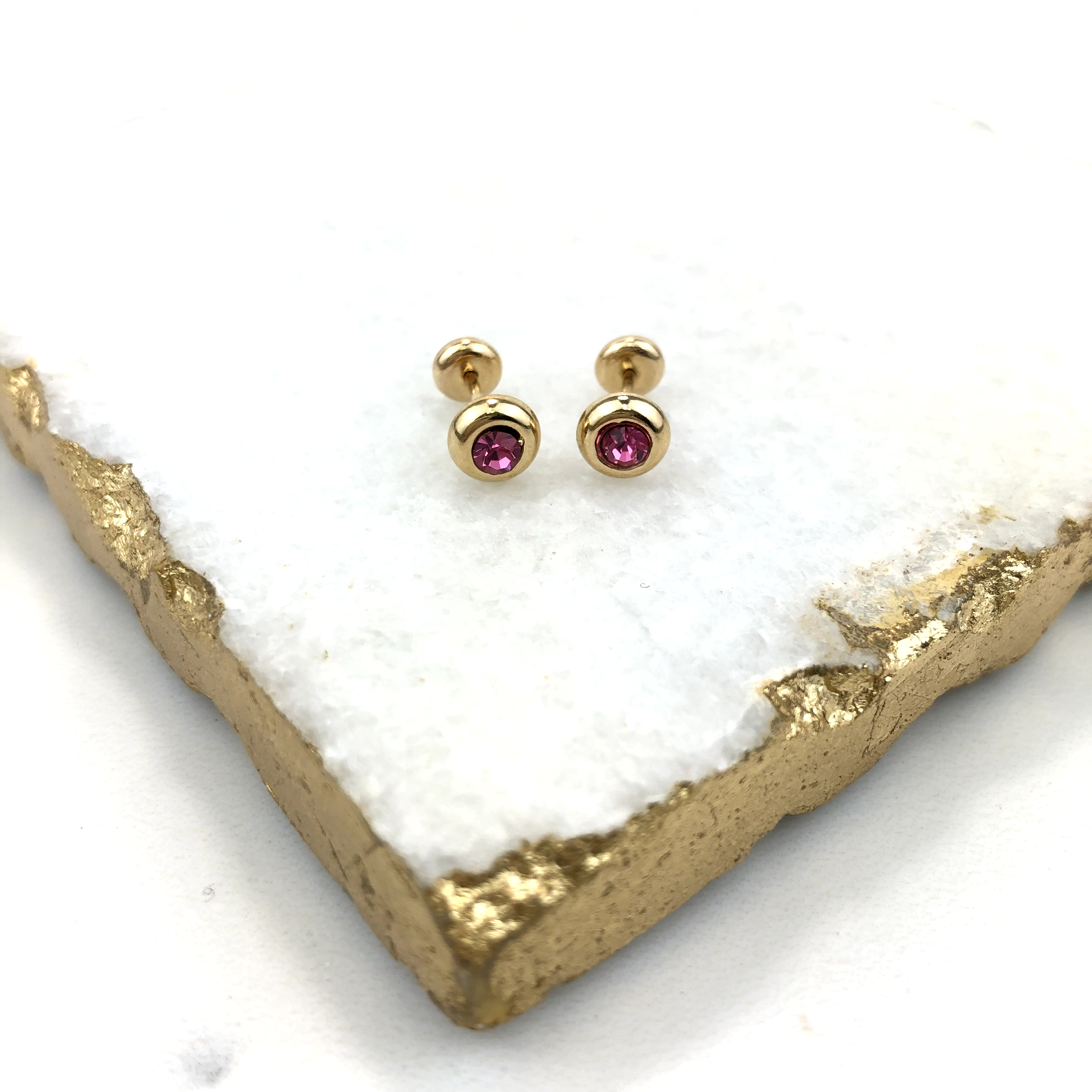 18K Gold Layered Oro Laminado Pink Cubic Zirconia Stud Plugs Kids Earrings 21.0024/7