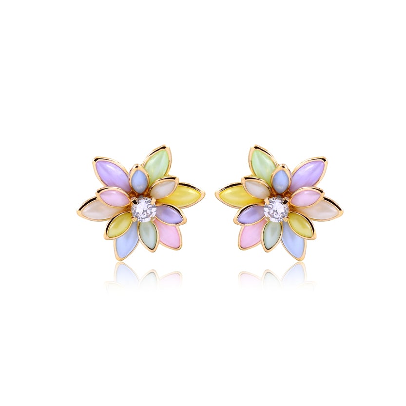 18K Gold Layered Oro Laminado MultiColor or Black Flower Design Push Back Earrings 21.0035/30/2
