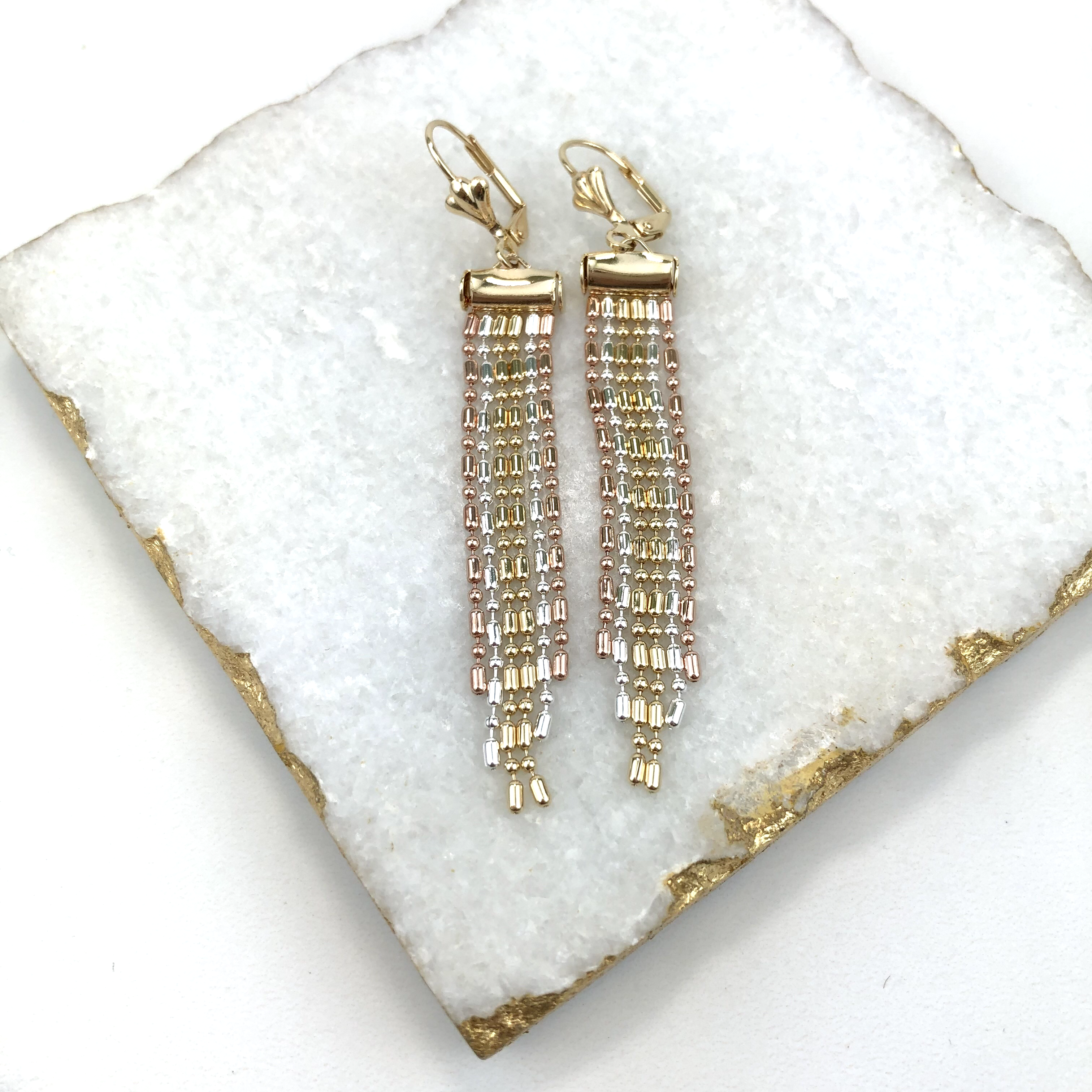 18K Gold Layered Oro Laminado Tri-Tone Tassel Fringe Dangle Earrings 21.0036