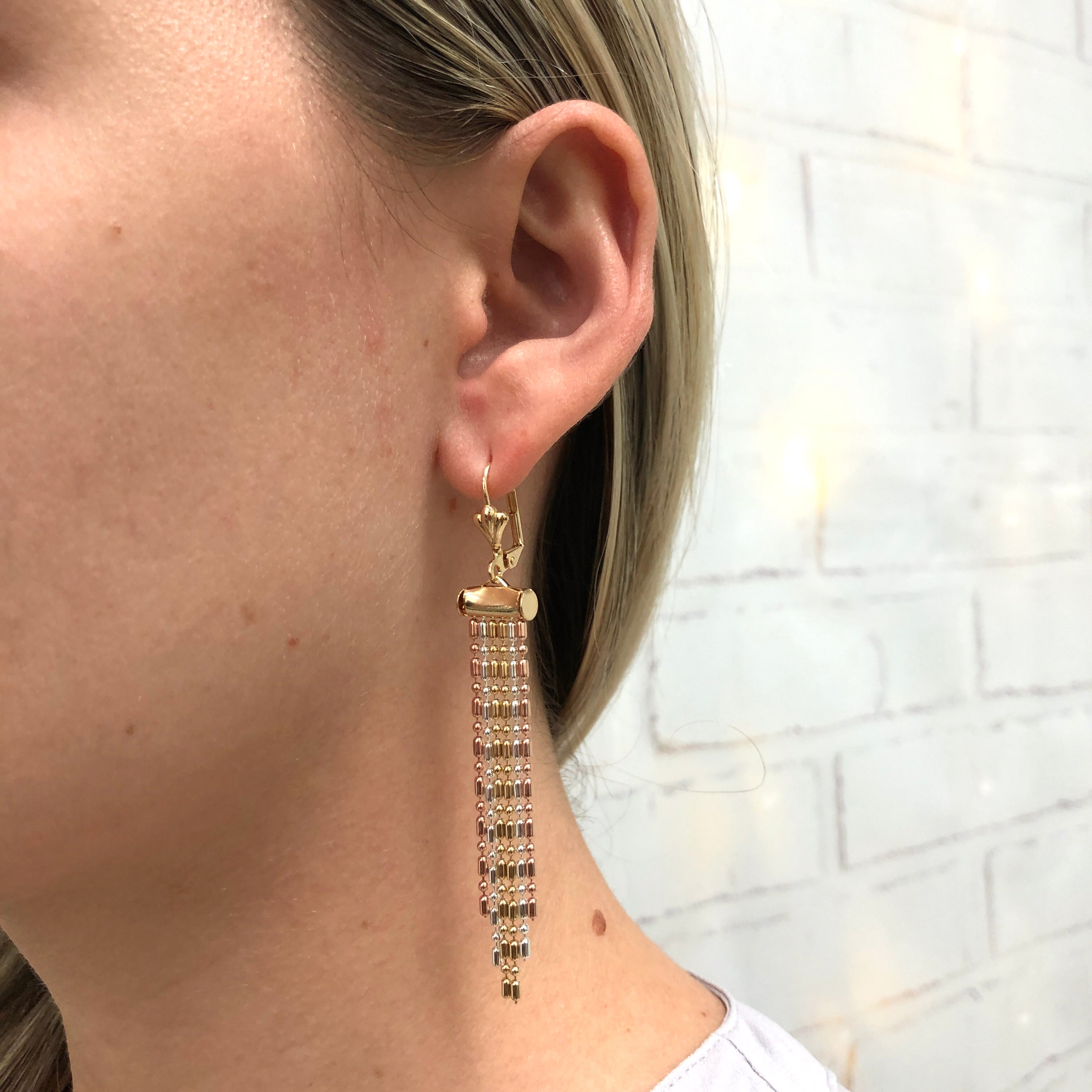 18K Gold Layered Oro Laminado Tri-Tone Tassel Fringe Dangle Earrings 21.0036