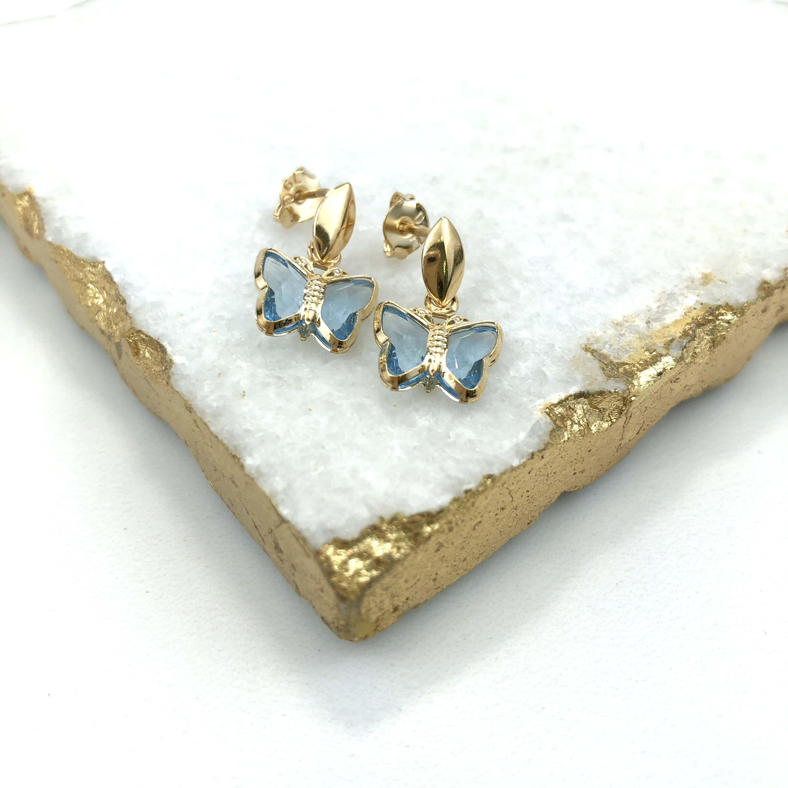 18K Gold Layered Oro Laminado Butterfly Shape Design with Blue Topaz Acrylic, Dangle Kids Earrings 21.0048/6