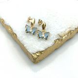 18K Gold Layered Oro Laminado Butterfly Shape Design with Blue Topaz Acrylic, Dangle Kids Earrings 21.0048/6