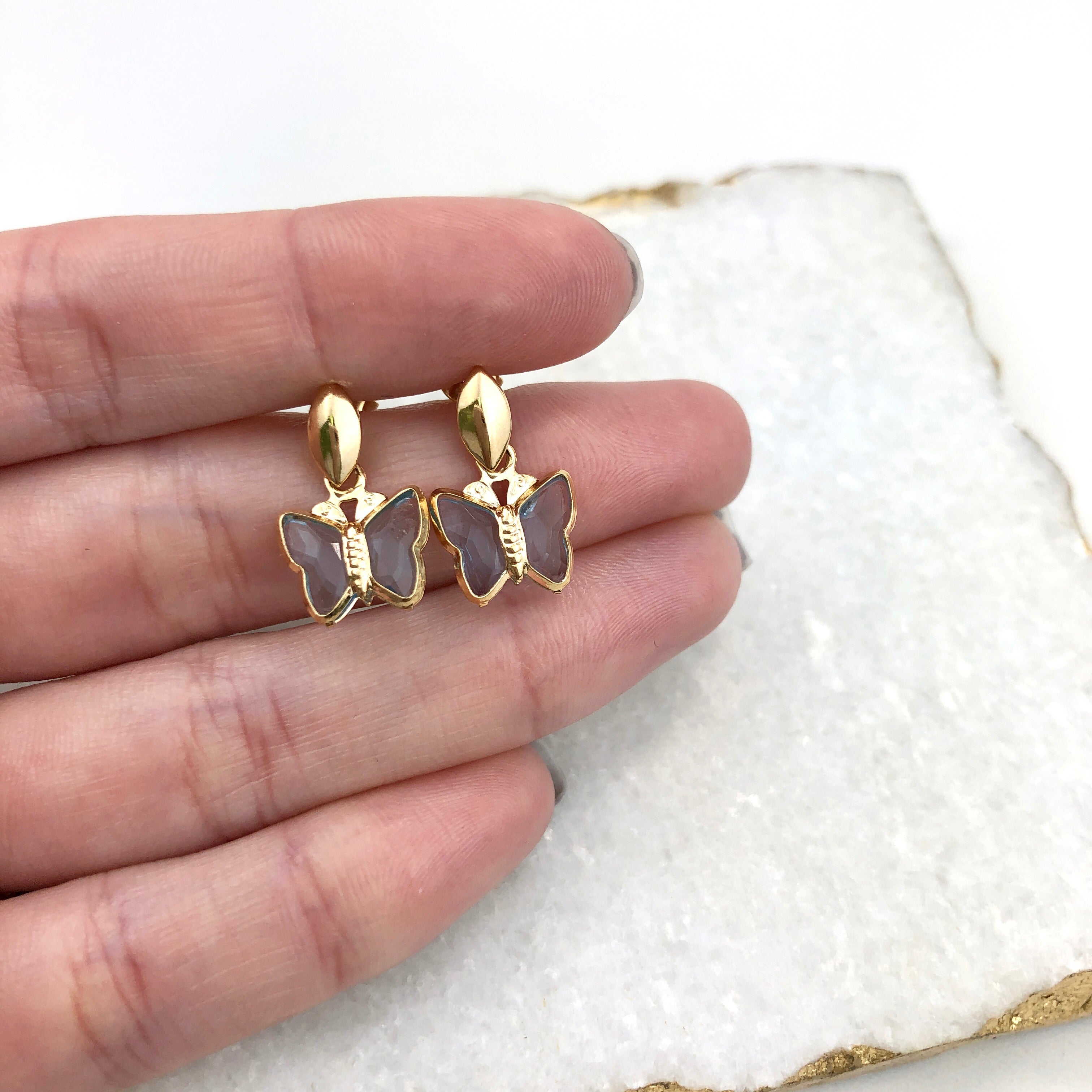 18K Gold Layered Oro Laminado Butterfly Shape Design with Blue Topaz Acrylic, Dangle Kids Earrings 21.0048/6