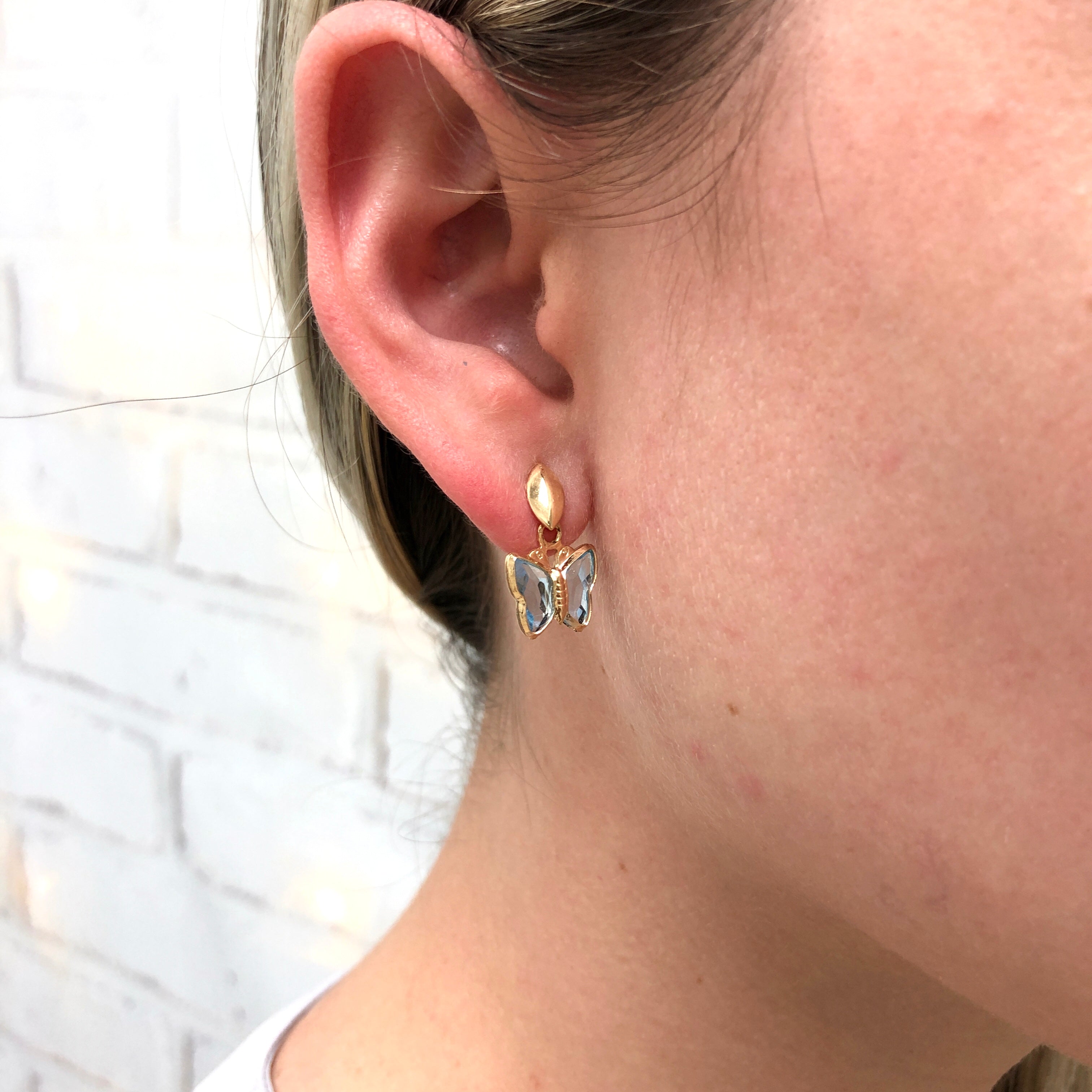 18K Gold Layered Oro Laminado Butterfly Shape Design with Blue Topaz Acrylic, Dangle Kids Earrings 21.0048/6