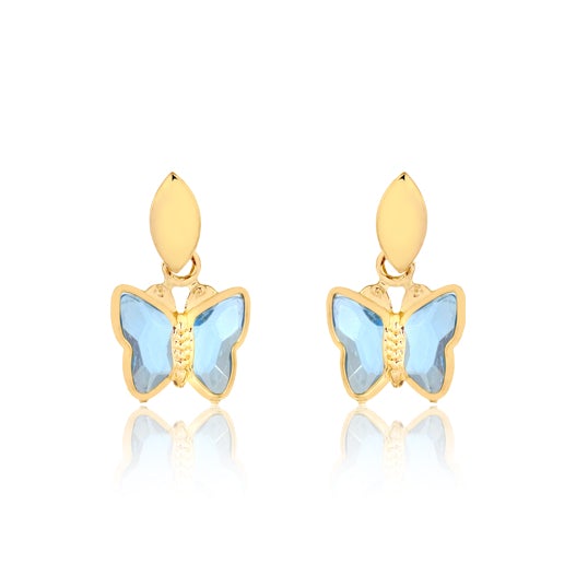 18K Gold Layered Oro Laminado Butterfly Shape Design with Blue Topaz Acrylic, Dangle Kids Earrings 21.0048/6