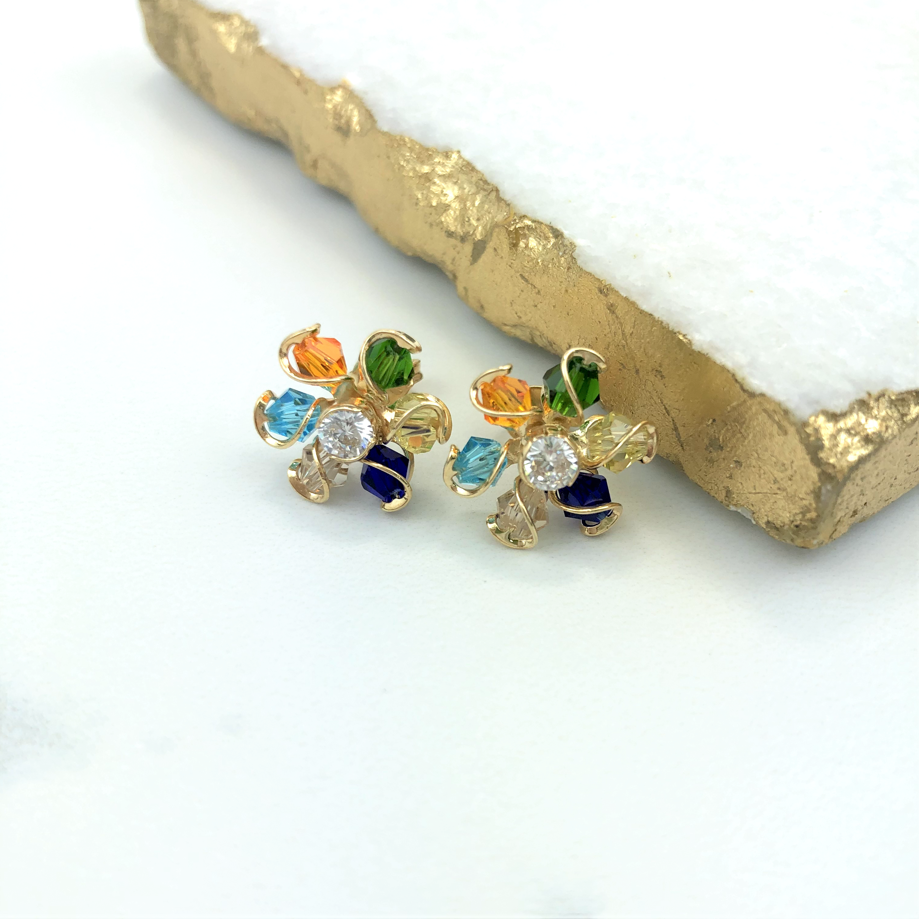 18K Gold Layered Oro Laminado Multi-Color Rhinestone Flower Design Earrings 21.0056/17
