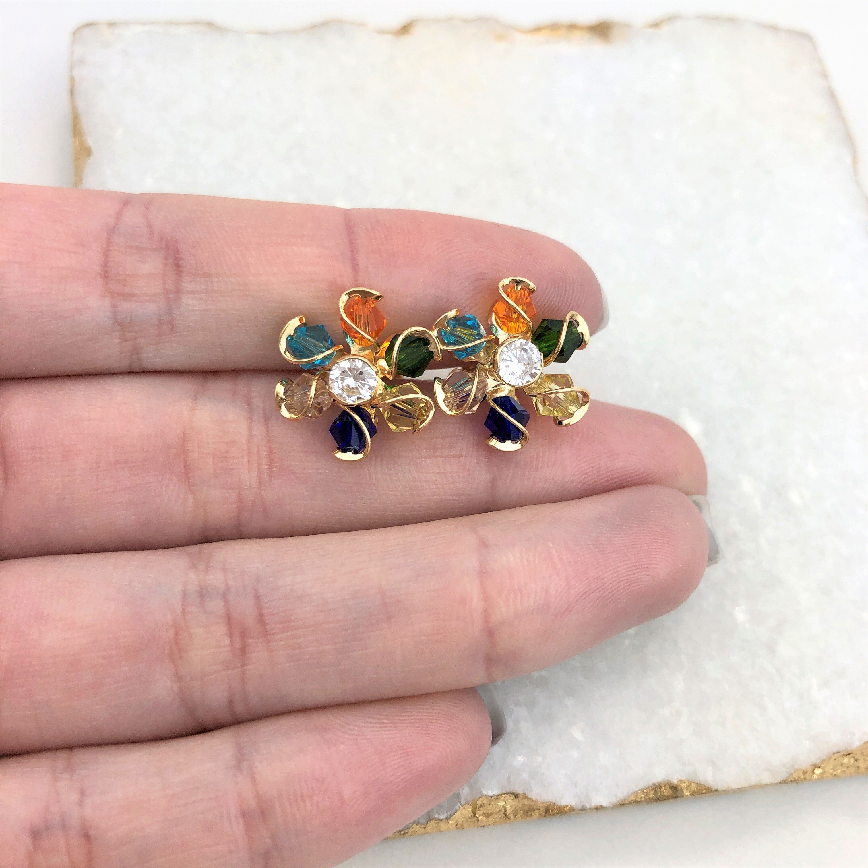 18K Gold Layered Oro Laminado Multi-Color Rhinestone Flower Design Earrings 21.0056/17
