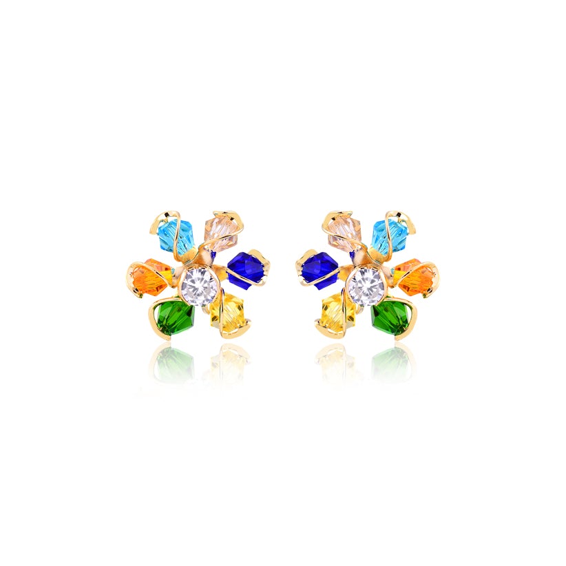 18K Gold Layered Oro Laminado Multi-Color Rhinestone Flower Design Earrings 21.0056/17