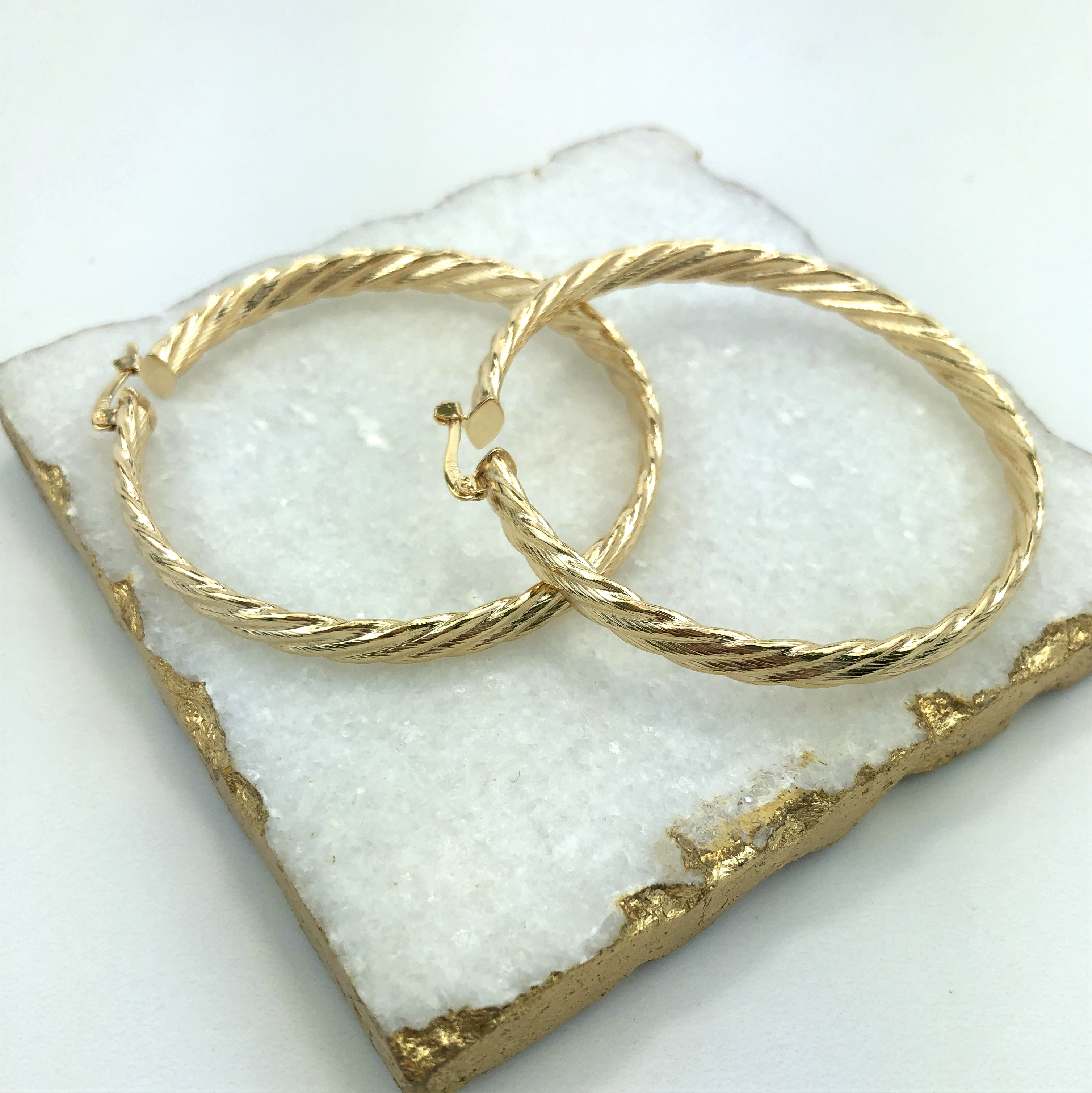 18K Gold Layered Oro Laminado Twisted 64mm Hoops Earrings Wholesale 21.0063