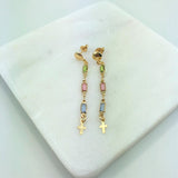 18K Gold Layered Oro Laminado Multi-Color Rhinestone & Cross Drop Dangle Earrings 21.0066/17