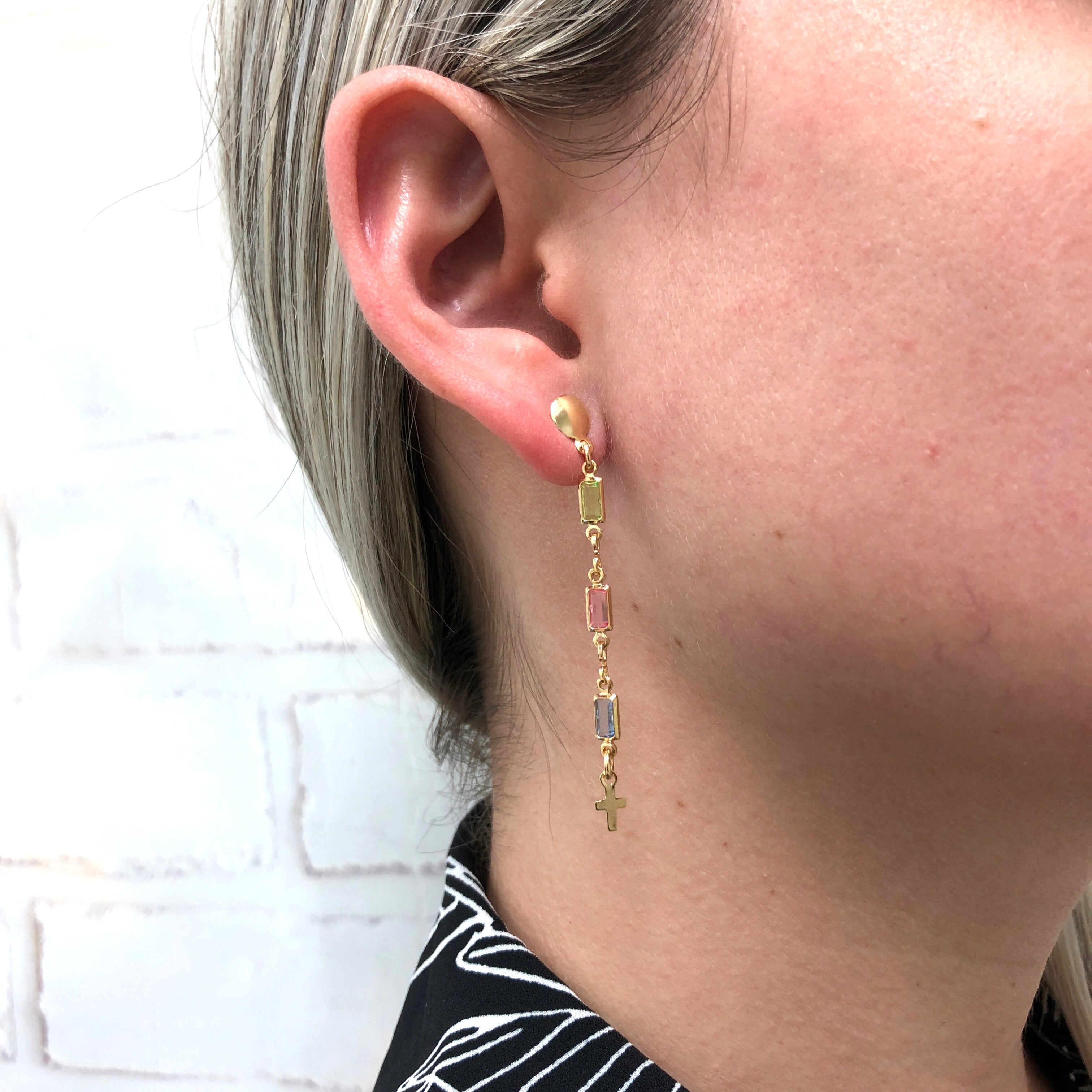 18K Gold Layered Oro Laminado Multi-Color Rhinestone & Cross Drop Dangle Earrings 21.0066/17