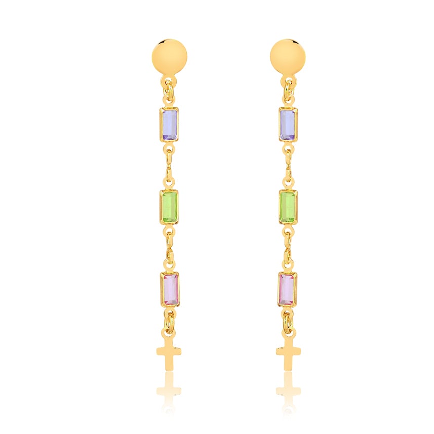 18K Gold Layered Oro Laminado Multi-Color Rhinestone & Cross Drop Dangle Earrings 21.0066/17