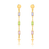 18K Gold Layered Oro Laminado Multi-Color Rhinestone & Cross Drop Dangle Earrings 21.0066/17