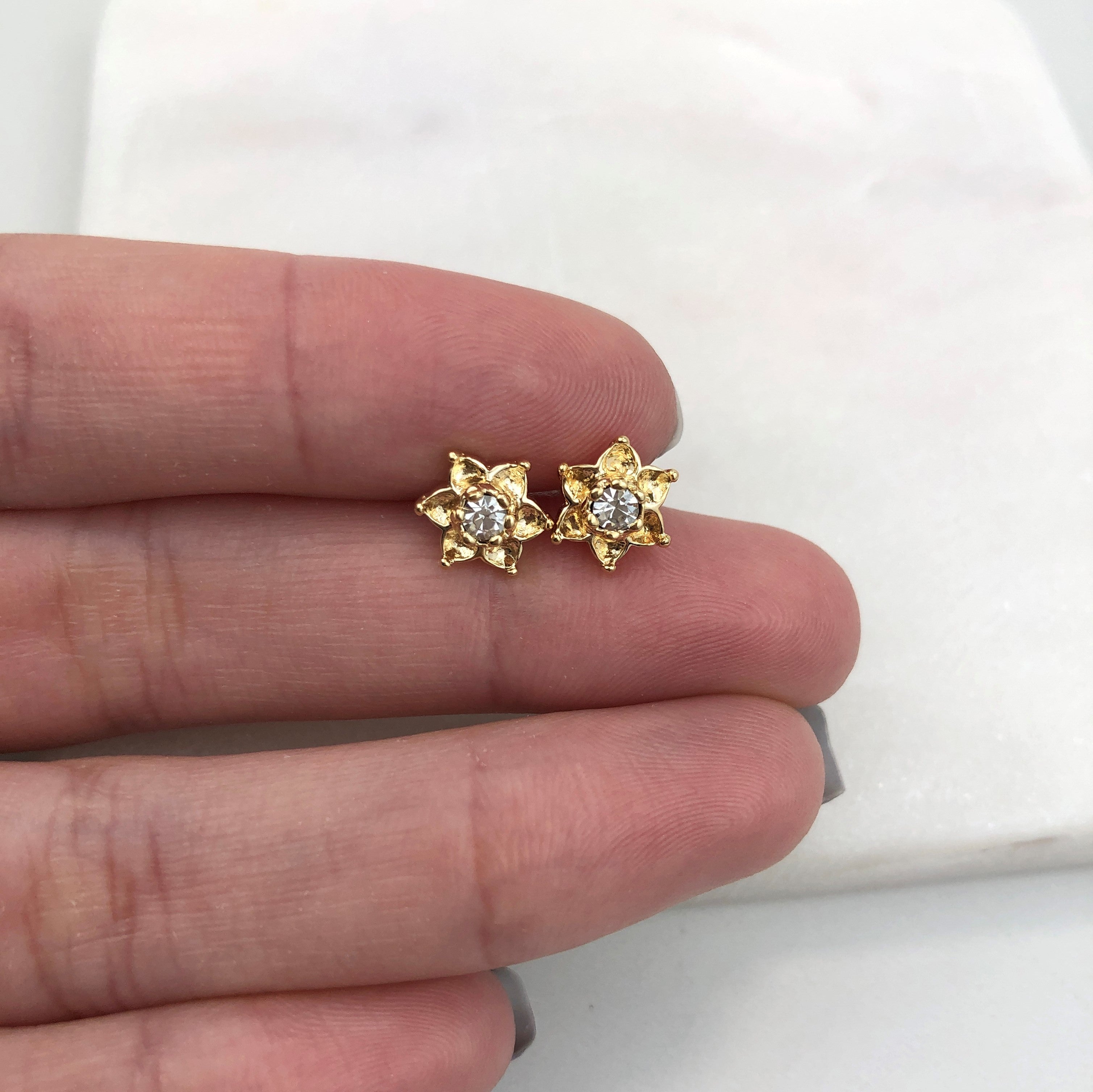 18K Gold Layered Oro Laminado Clear Cubic Zirconia Flower Design Kids Plugs Earrings Wholesale 21.0069/1