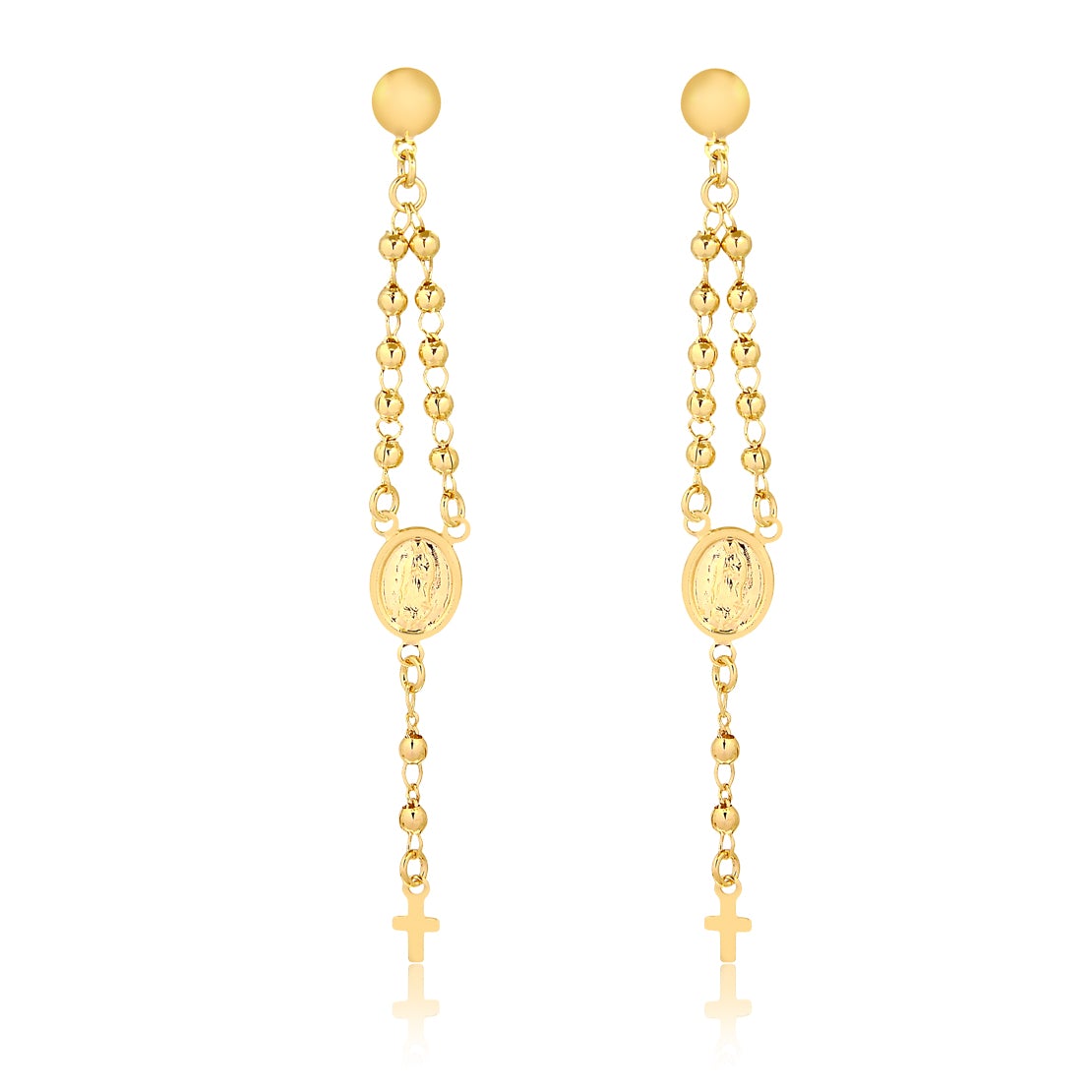 18K Gold Layered Oro Laminado Virgen de Guadalupe & Cross Gold Besds Dangle Earring 21.0071