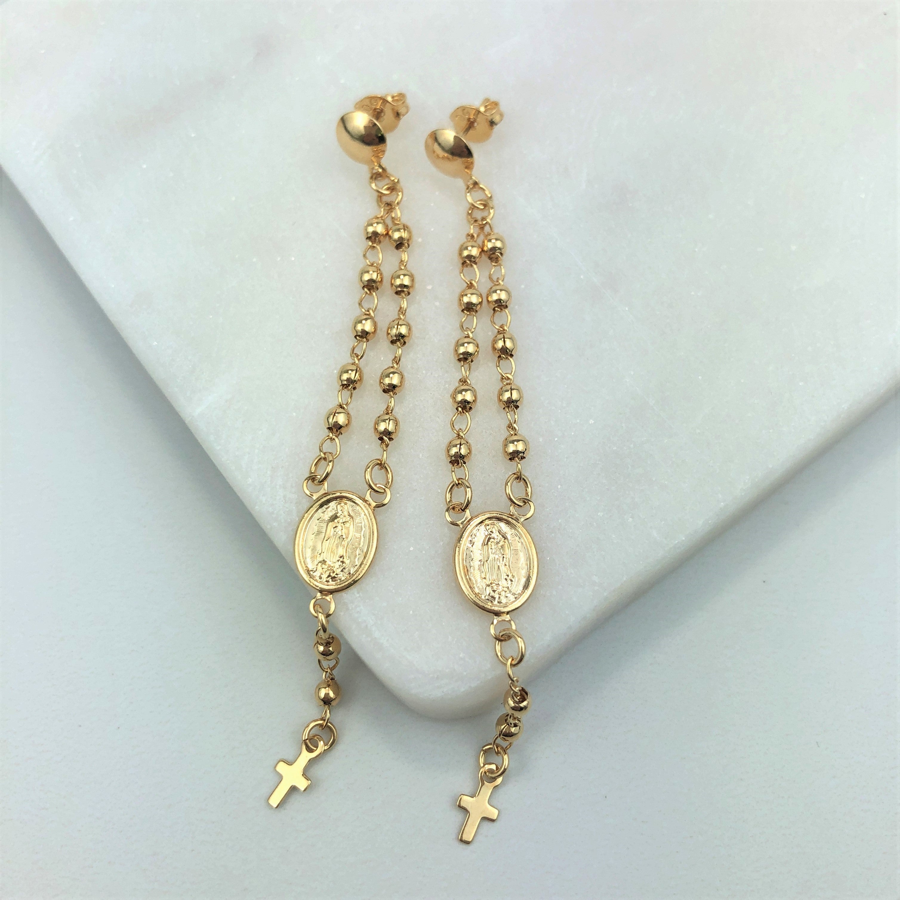 18K Gold Layered Oro Laminado Virgen de Guadalupe & Cross Gold Besds Dangle Earring 21.0071