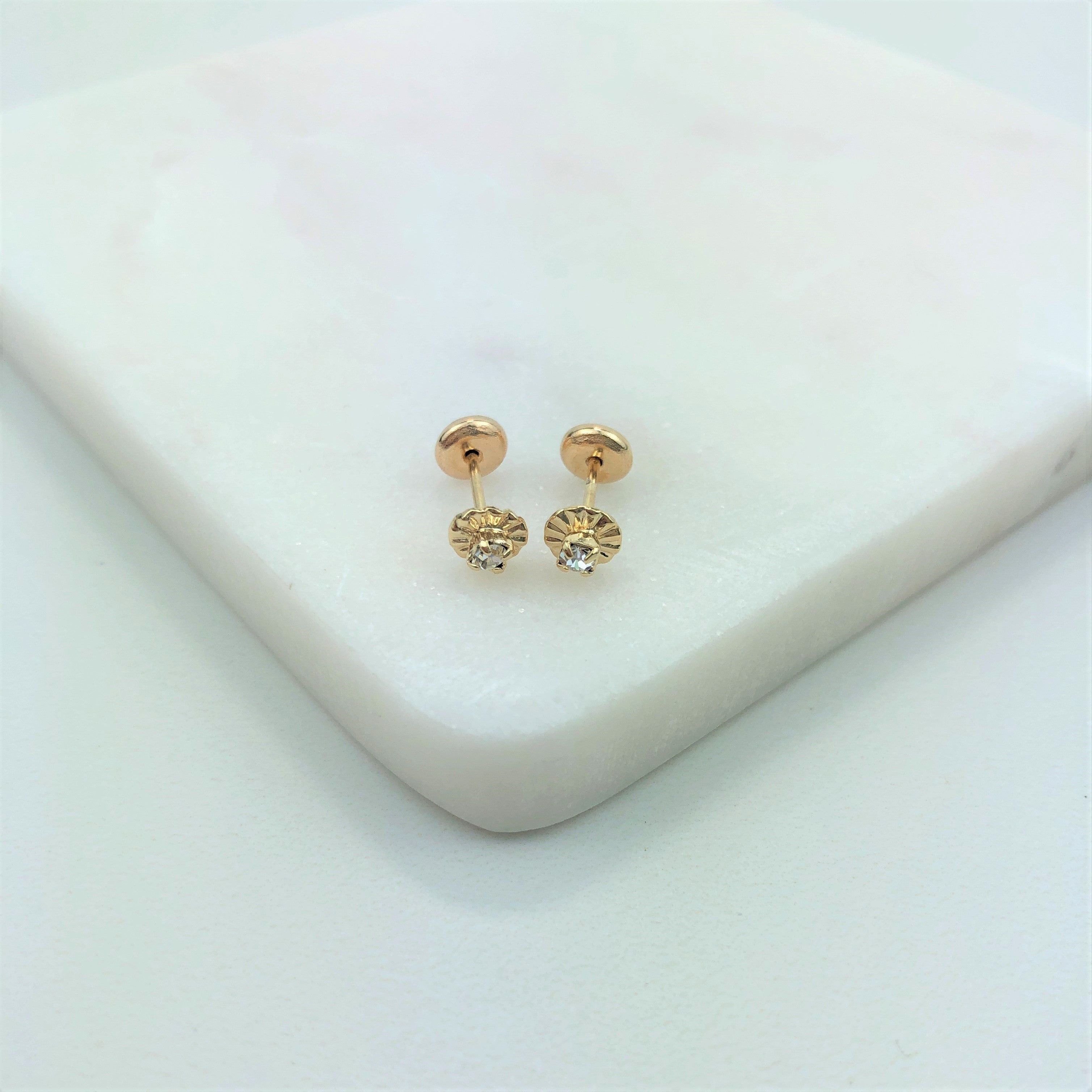18K Gold Layered Oro Laminado White or Red Cubic Zirconia Flower Design Plugs Kids Earrings 21.0075/1/3