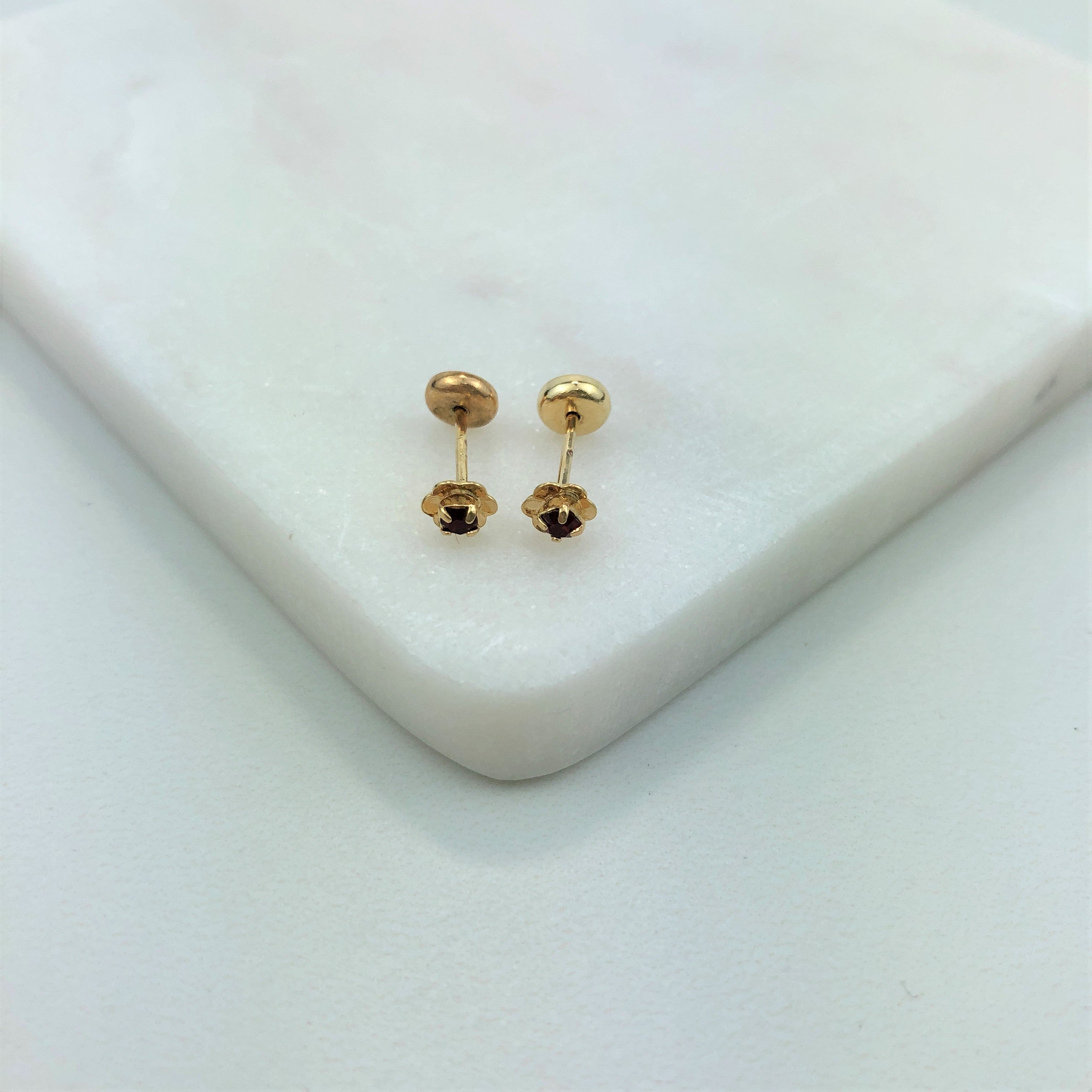 18K Gold Layered Oro Laminado White or Red Cubic Zirconia Flower Design Plugs Kids Earrings 21.0075/1/3
