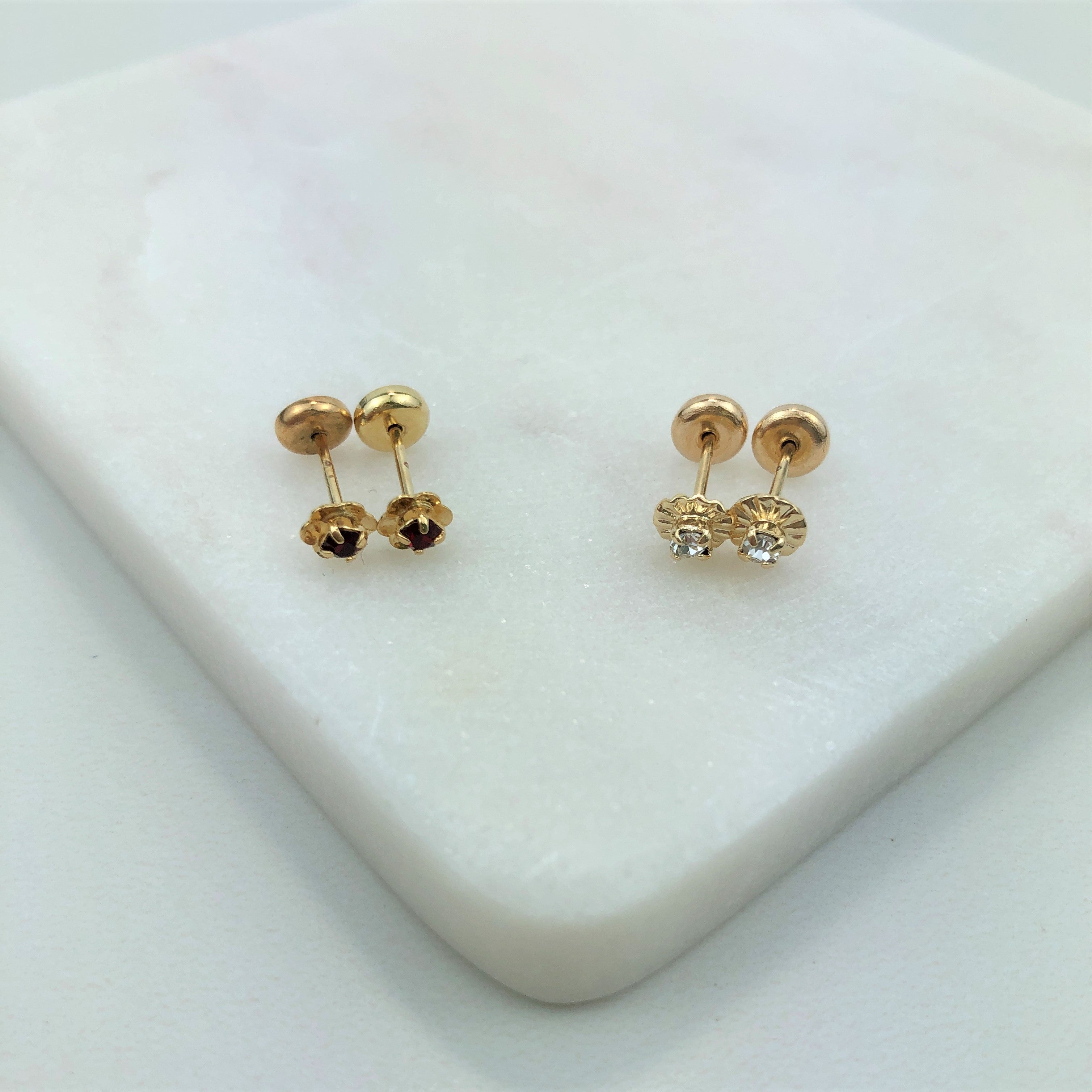 18K Gold Layered Oro Laminado White or Red Cubic Zirconia Flower Design Plugs Kids Earrings 21.0075/1/3
