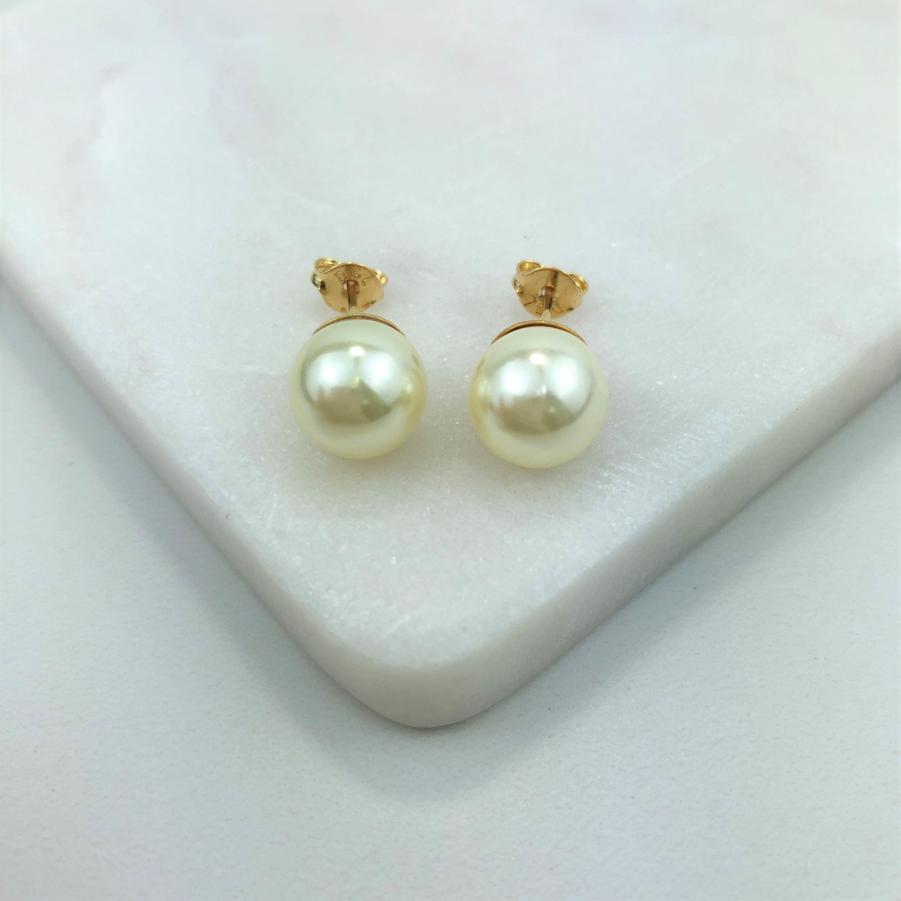 18K Gold Layered Oro Laminado 10mm Simulated Pearl Stud Earrings 21.0076/92