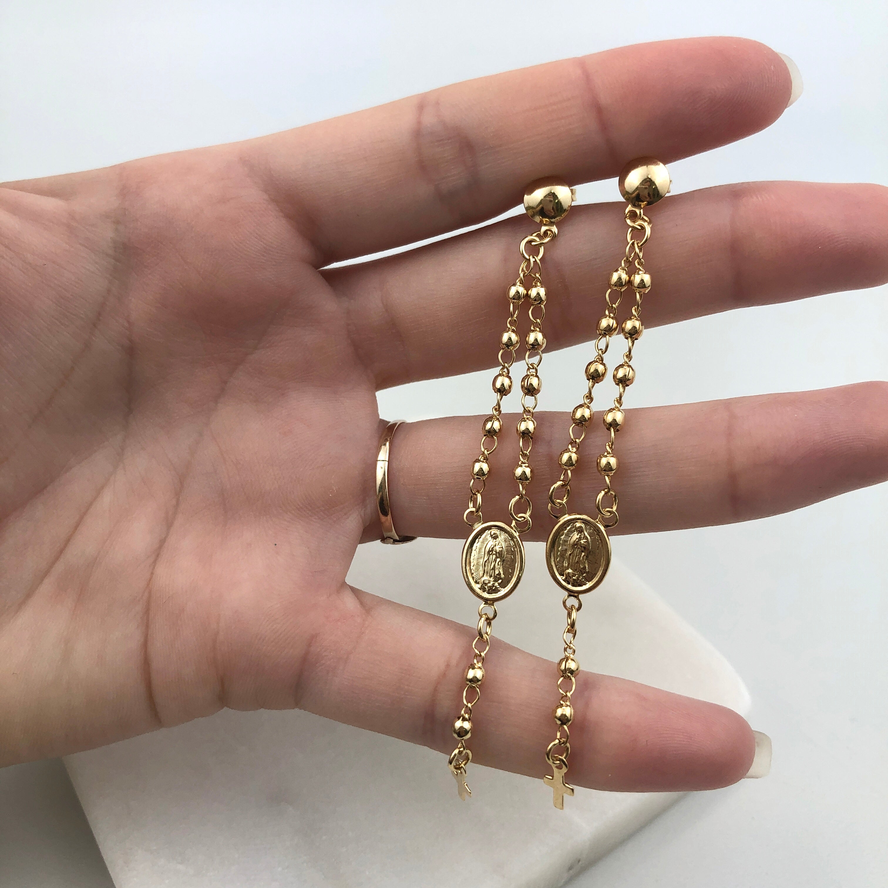 18K Gold Layered Oro Laminado Virgen de Guadalupe & Cross Gold Besds Dangle Earring 21.0071