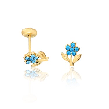18K Gold Layered Oro Laminado Flower Design, Blue Cubic Zirconia, Plugs Kids Earrings Wholesale 21.0079/6