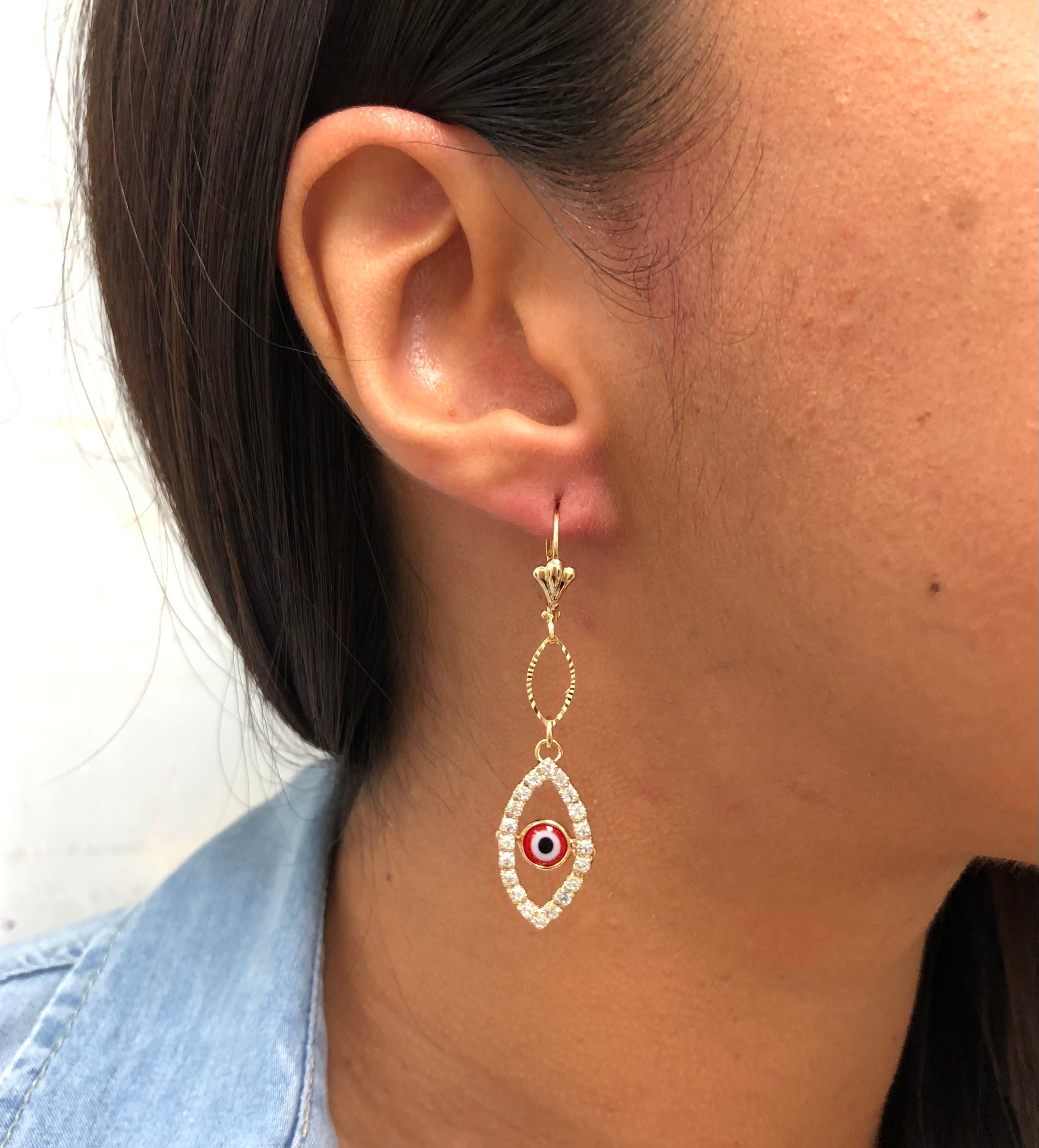 18K Gold Layered Oro Laminado Cubic Zirconia Red or Blue Evil Eye Teardrop Dangle Earrings 21.0101/6/10