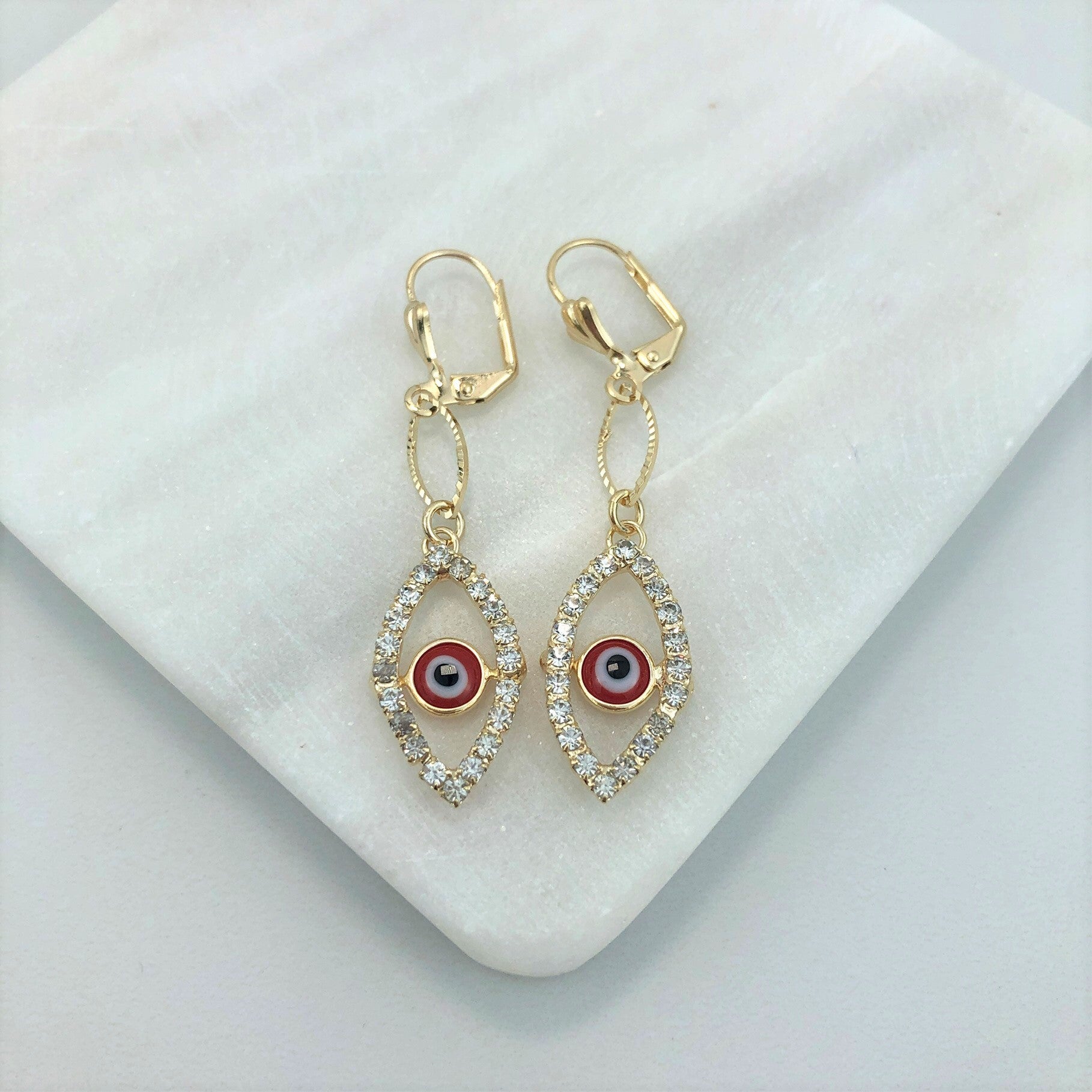 18K Gold Layered Oro Laminado Cubic Zirconia Red or Blue Evil Eye Teardrop Dangle Earrings 21.0101/6/10