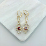 18K Gold Layered Oro Laminado Cubic Zirconia Red or Blue Evil Eye Teardrop Dangle Earrings 21.0101/6/10