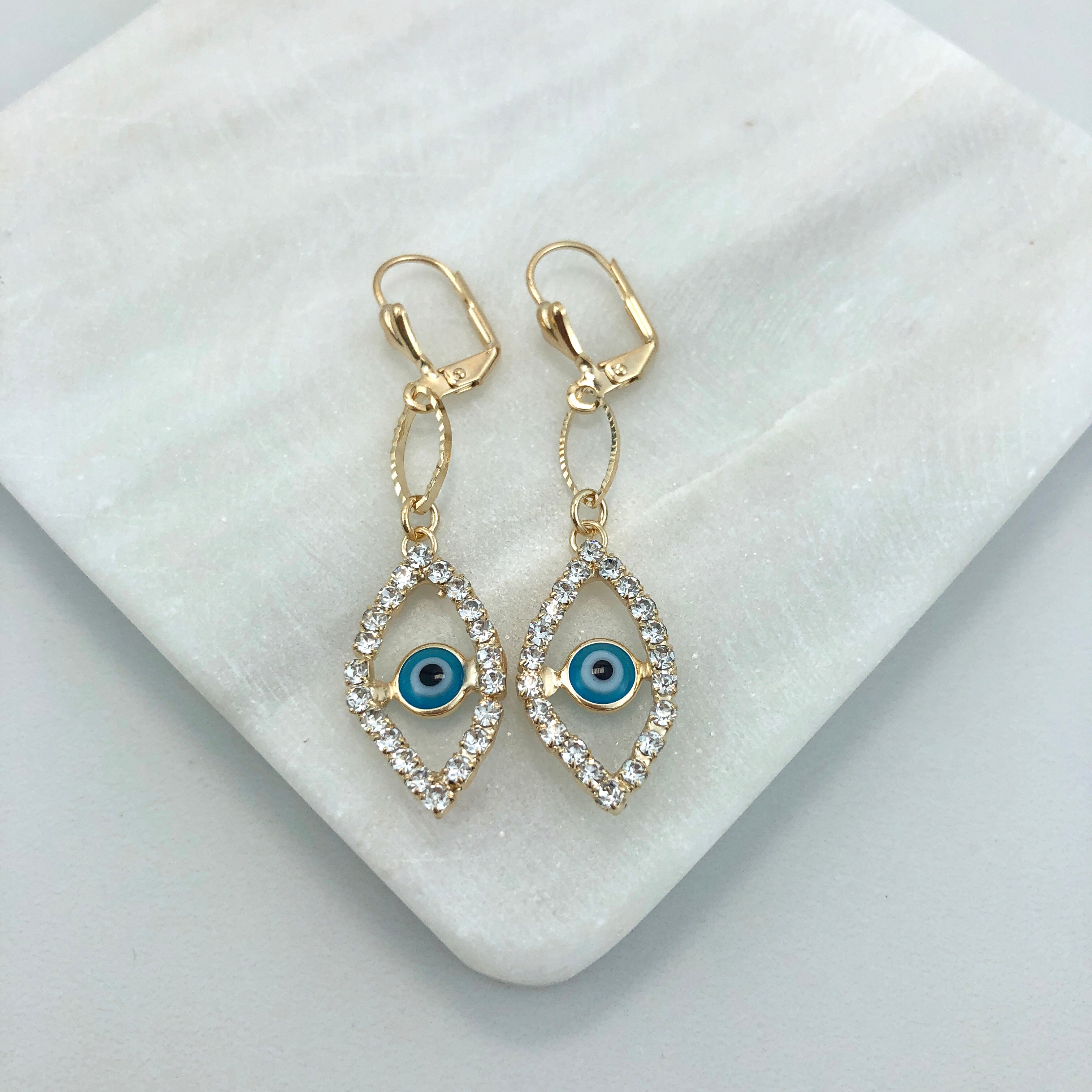18K Gold Layered Oro Laminado Cubic Zirconia Red or Blue Evil Eye Teardrop Dangle Earrings 21.0101/6/10