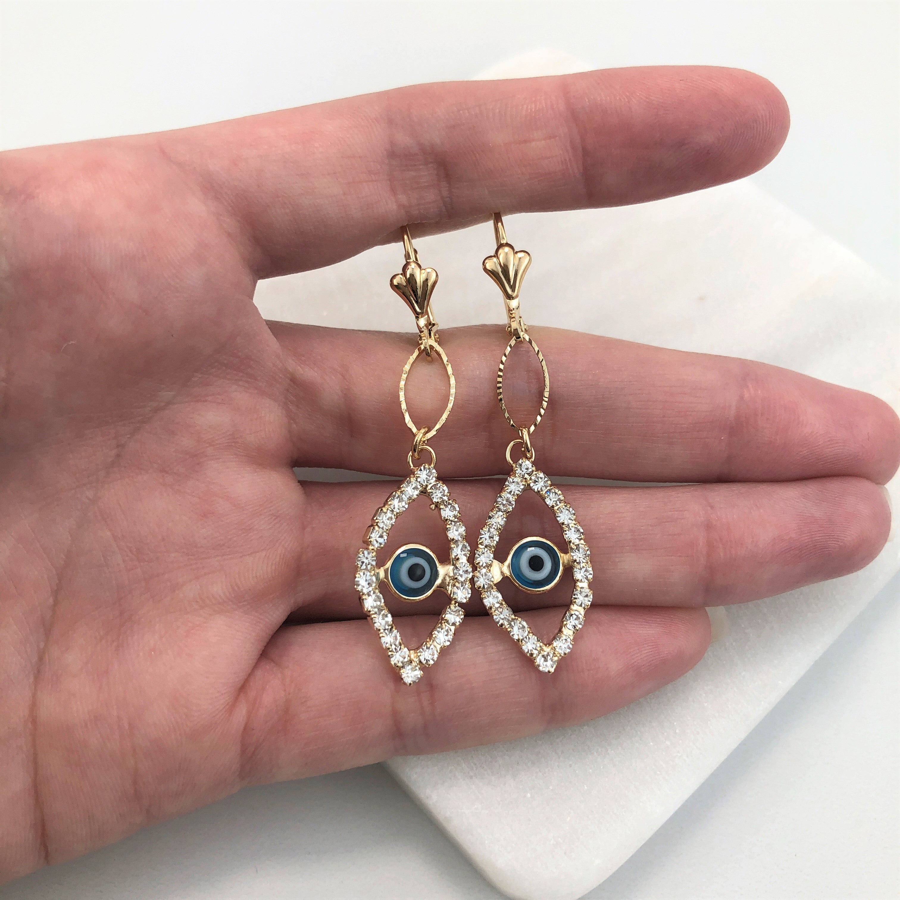 18K Gold Layered Oro Laminado Cubic Zirconia Red or Blue Evil Eye Teardrop Dangle Earrings 21.0101/6/10