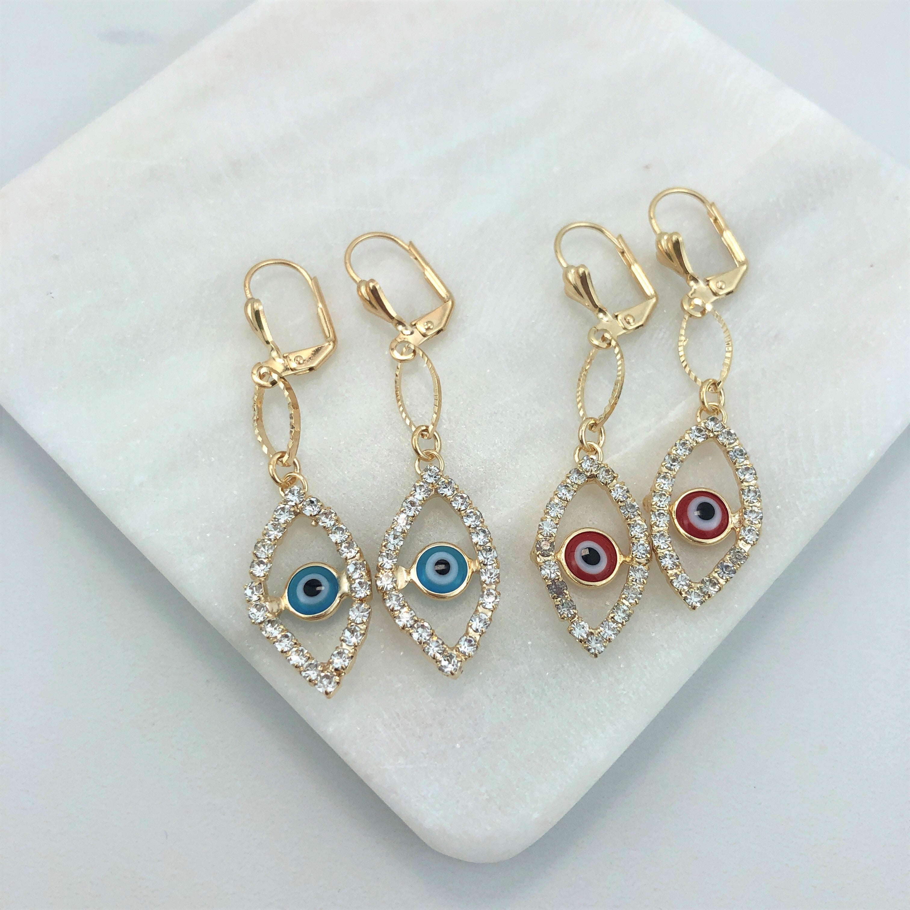 18K Gold Layered Oro Laminado Cubic Zirconia Red or Blue Evil Eye Teardrop Dangle Earrings 21.0101/6/10