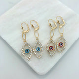 18K Gold Layered Oro Laminado Cubic Zirconia Red or Blue Evil Eye Teardrop Dangle Earrings 21.0101/6/10