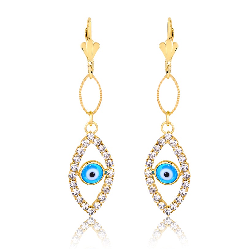 18K Gold Layered Oro Laminado Cubic Zirconia Red or Blue Evil Eye Teardrop Dangle Earrings 21.0101/6/10
