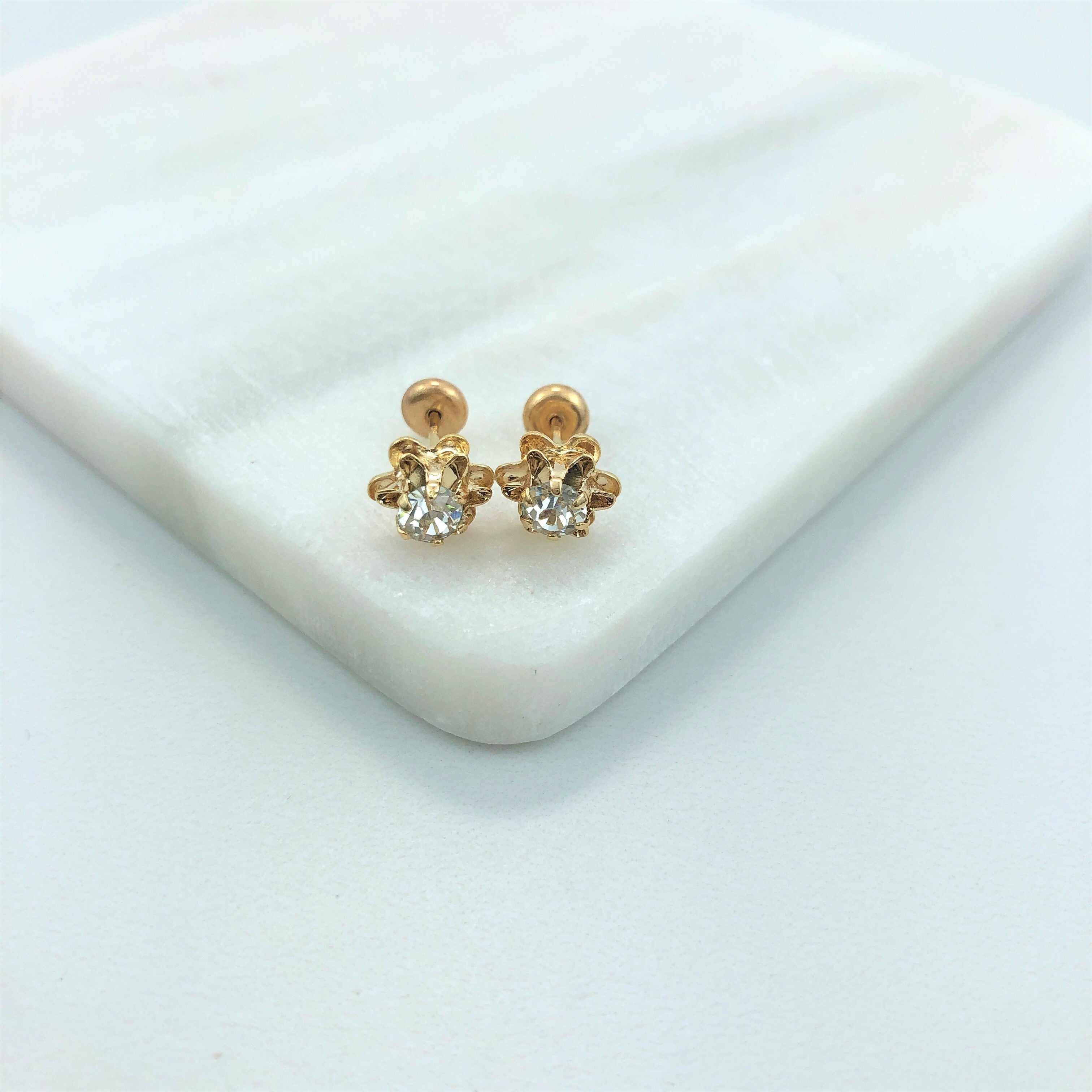 18K Gold Layered Oro Laminado Clear Cubic Zirconia Flower Shape Plugs Kids Earrings 21.0104/1